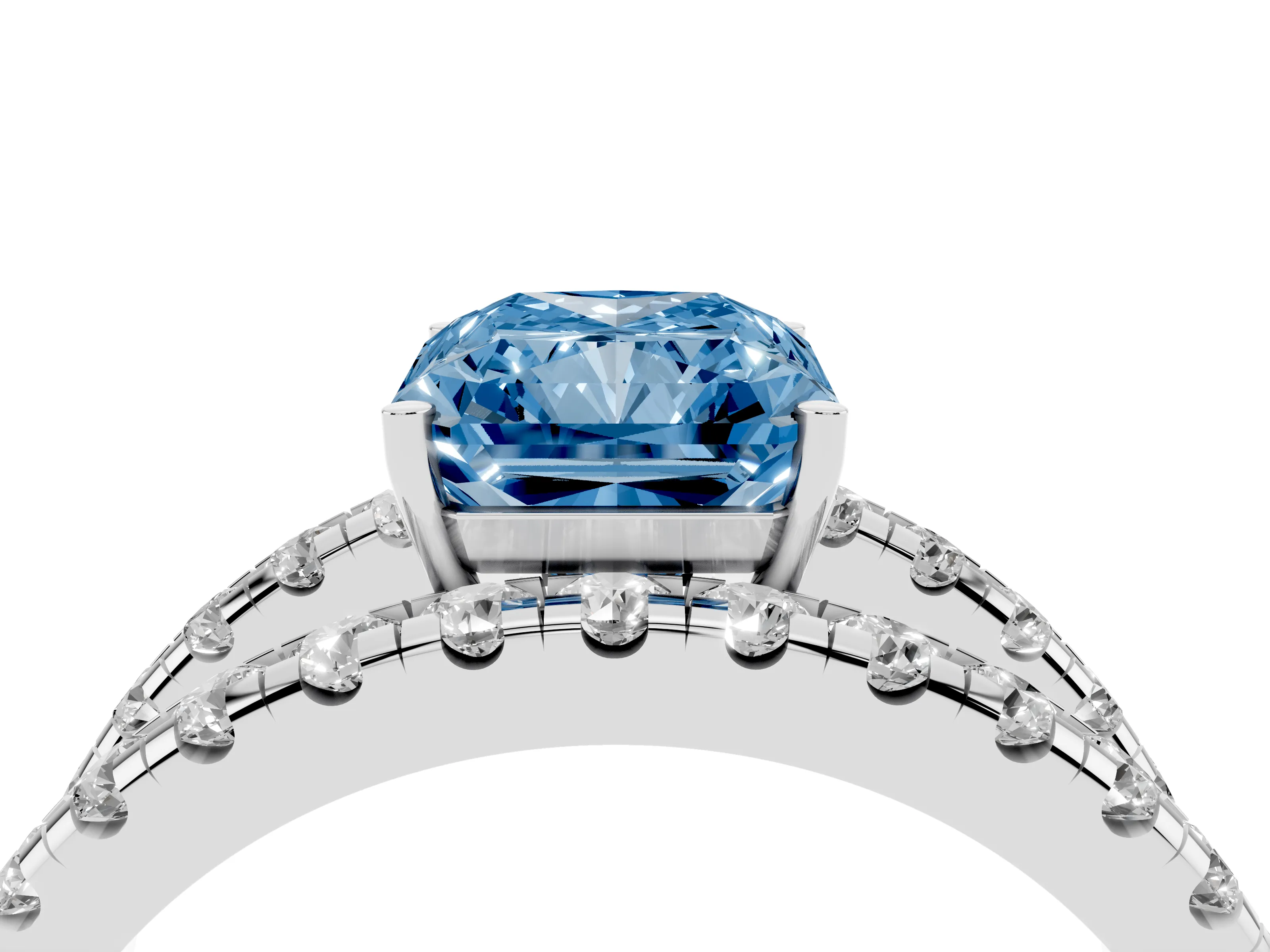 Fancy Blue Radiant Cut Diamond Split Shank Pavé Solitaire Ring Set in White gold with Open Shank Design