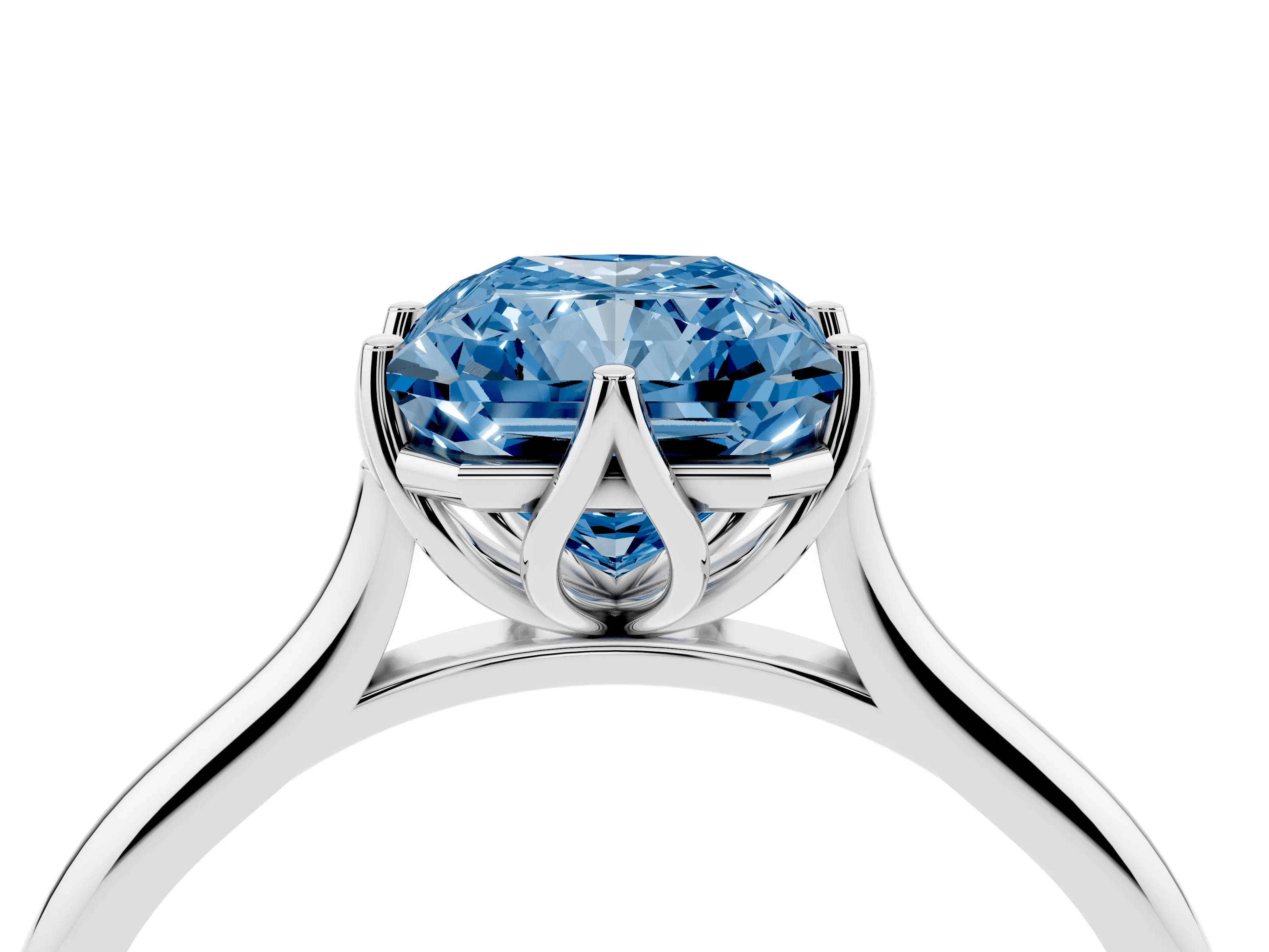 Fancy Blue Radiant Cut Diamond Solitaire Cathedral Ring Set in Silver with Prong Setting