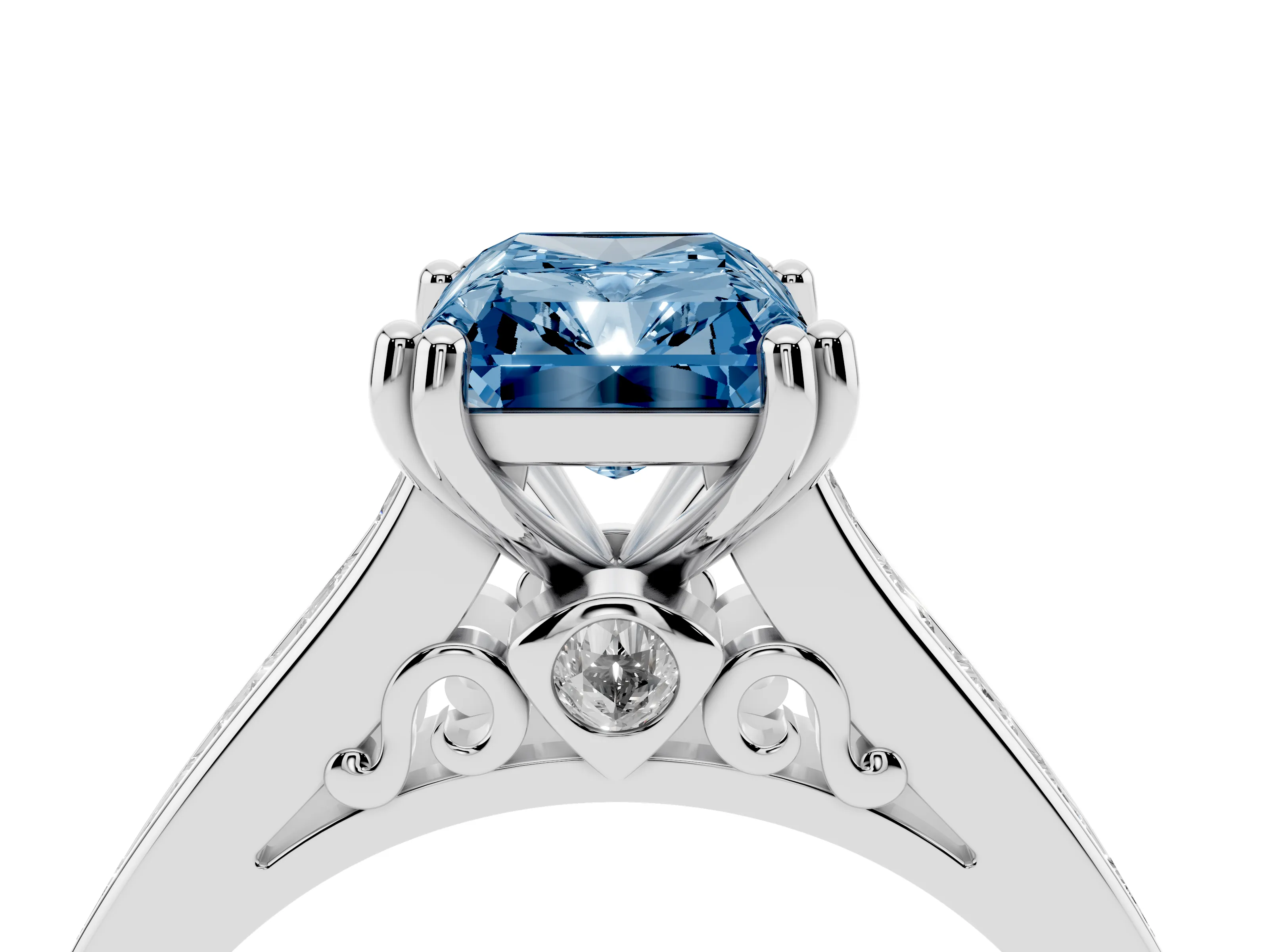 Fancy Blue Radiant Cut Diamond Channel Set Solitaire Engagement Ring Set in Silver with Prong Setting
