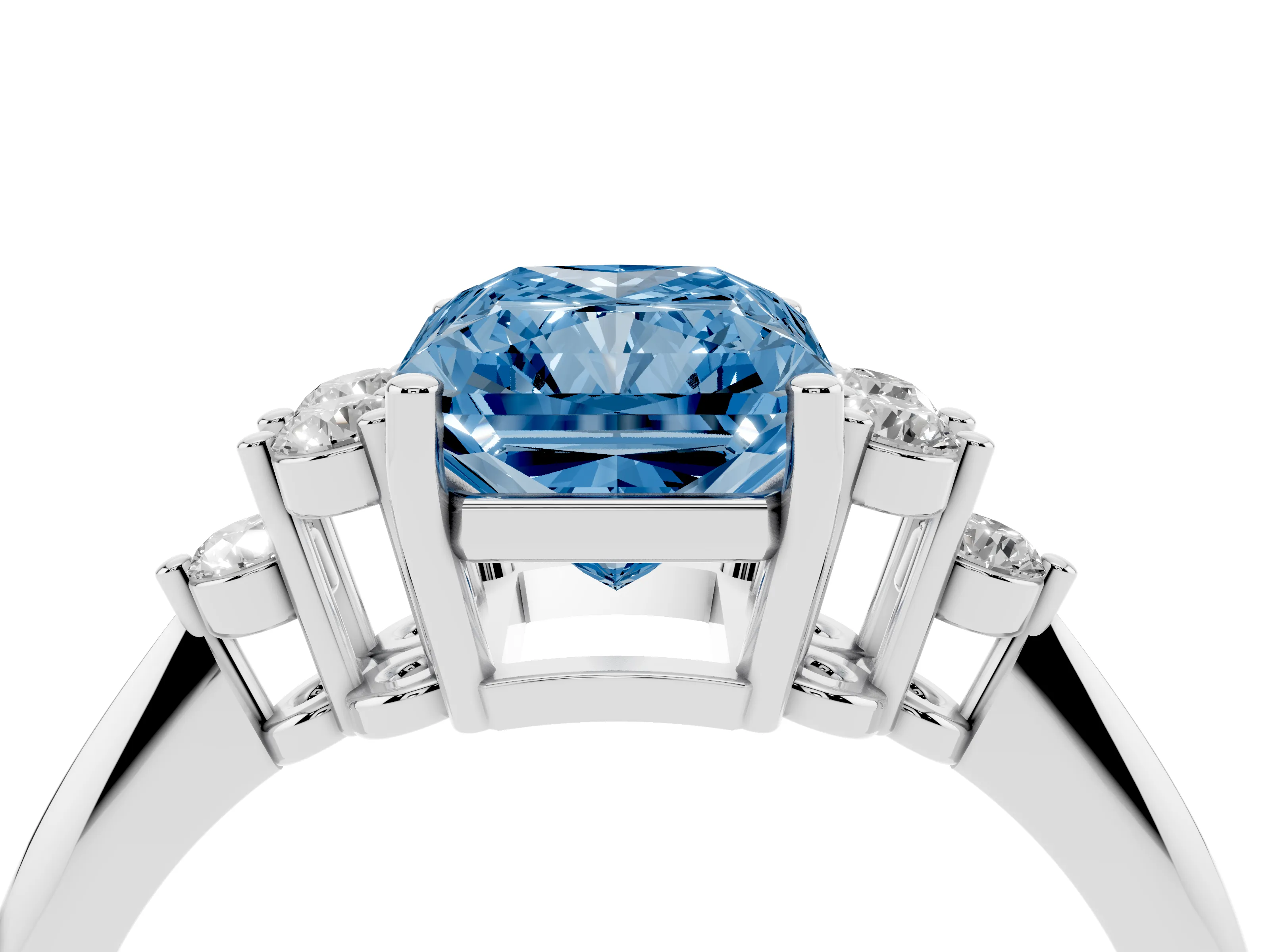 Fancy Blue Radiant Cut Diamond Cluster Ring Set in White gold with Plain Band and Prong Setting