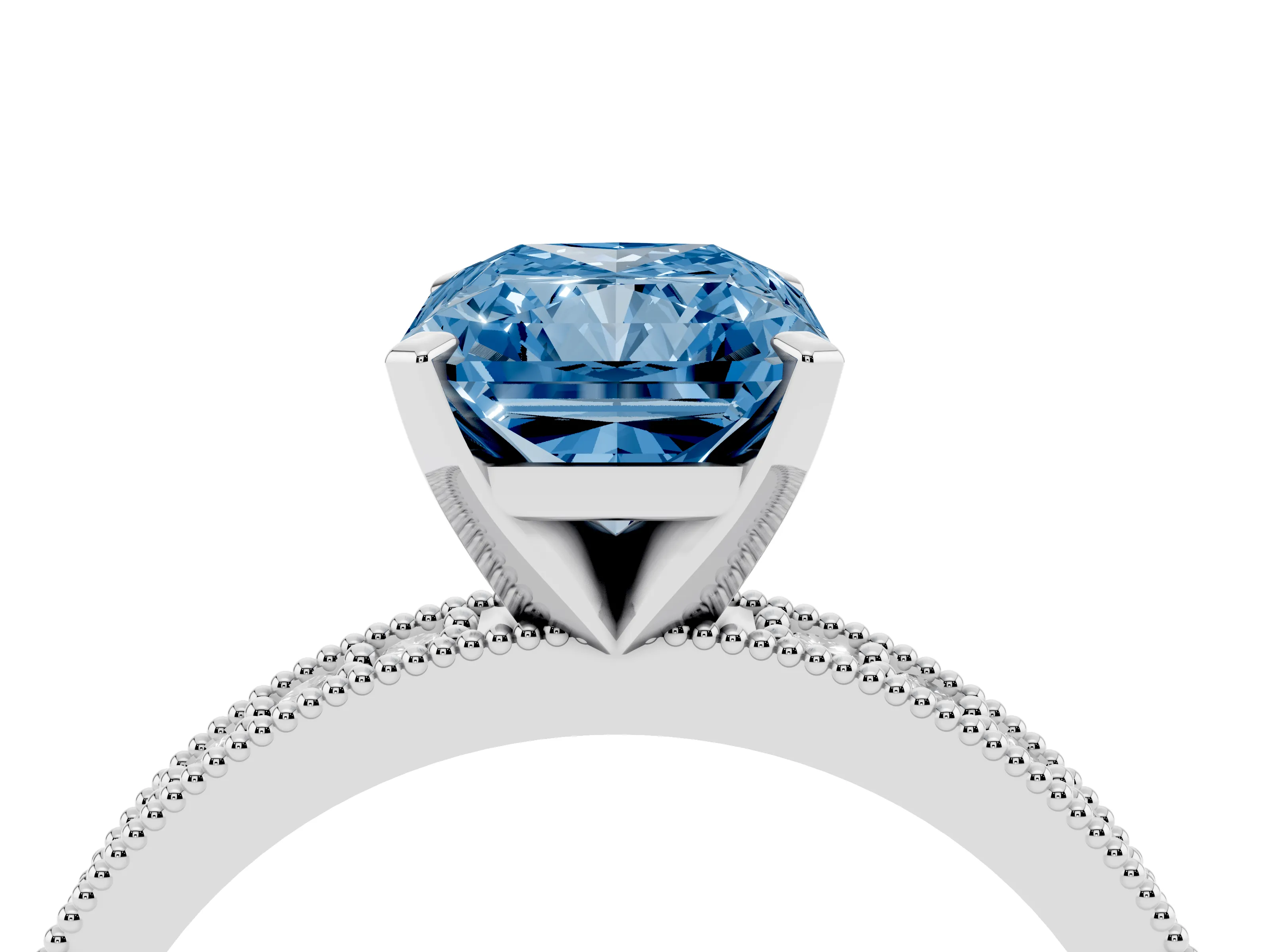 Fancy Blue Radiant Cut Diamond Milgrain Pavé Engagement Ring Set in White gold with Prong Setting