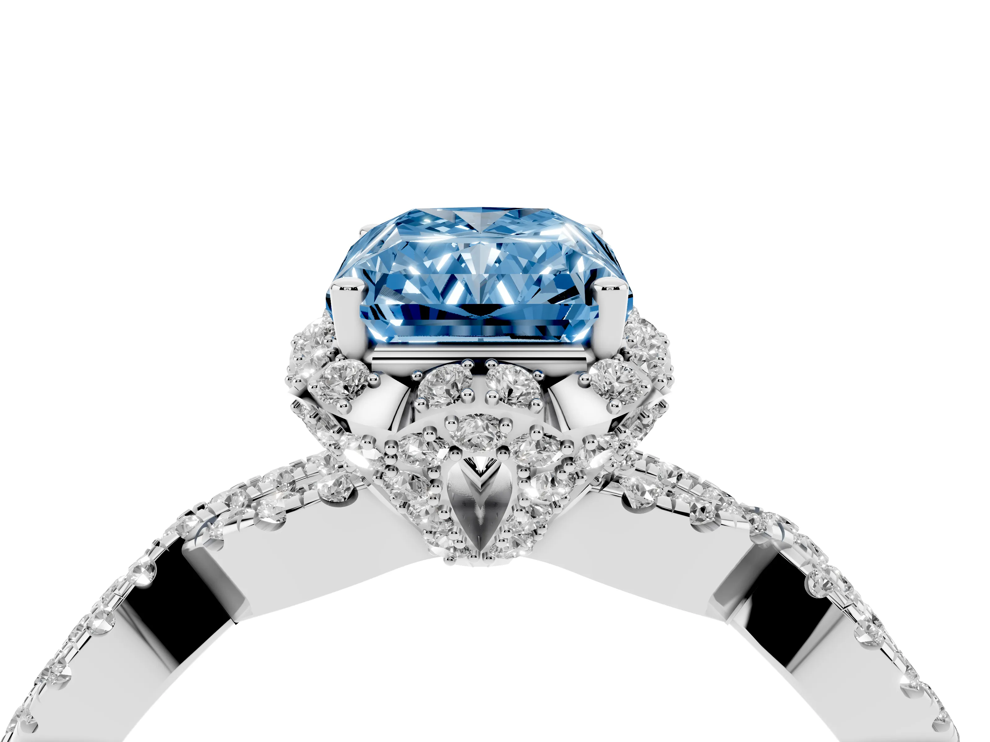 Fancy Blue Radiant Cut Diamond Halo Twist Band Solitaire Ring Set in Platinum with Prong-Set Center Stone