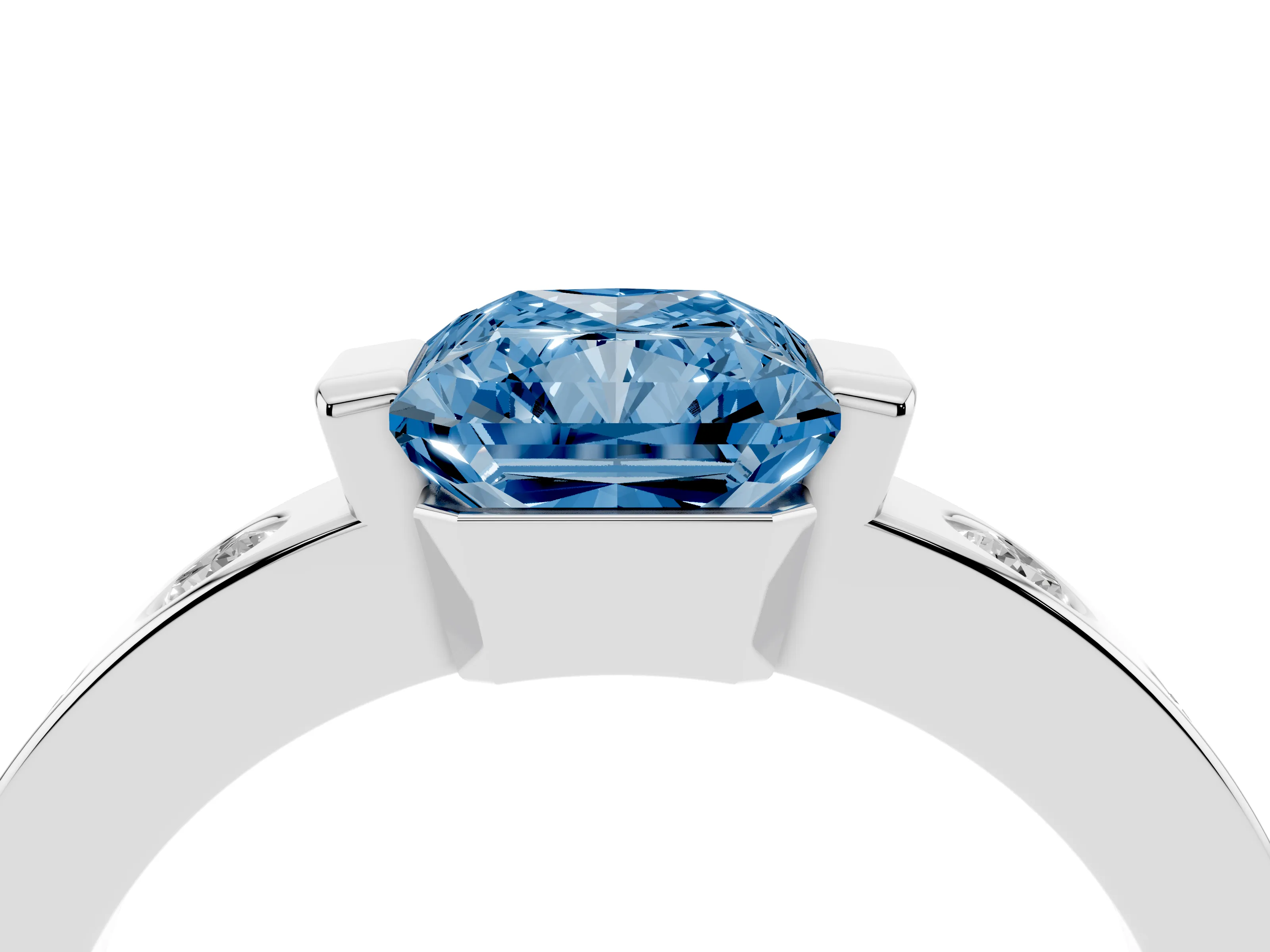 Fancy Blue Radiant Cut Diamond Channel-Set Band Ring Set in White gold with Bezel Prong Setting