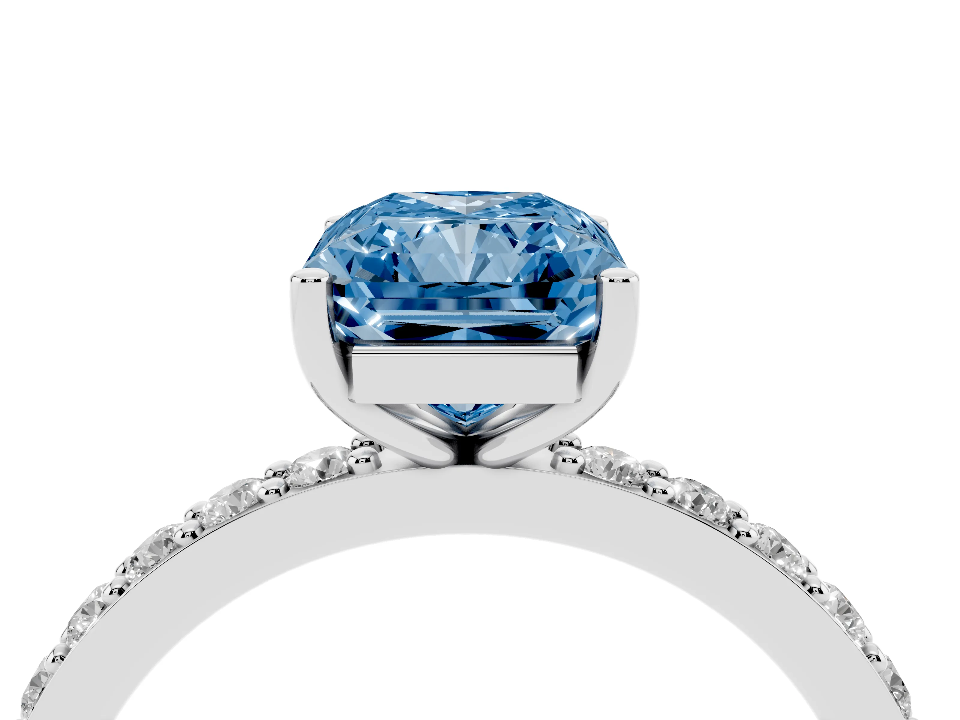 Fancy Blue Radiant Cut Diamond Solitaire Set in Platinum with Round Pavé Band and Prong Setting
