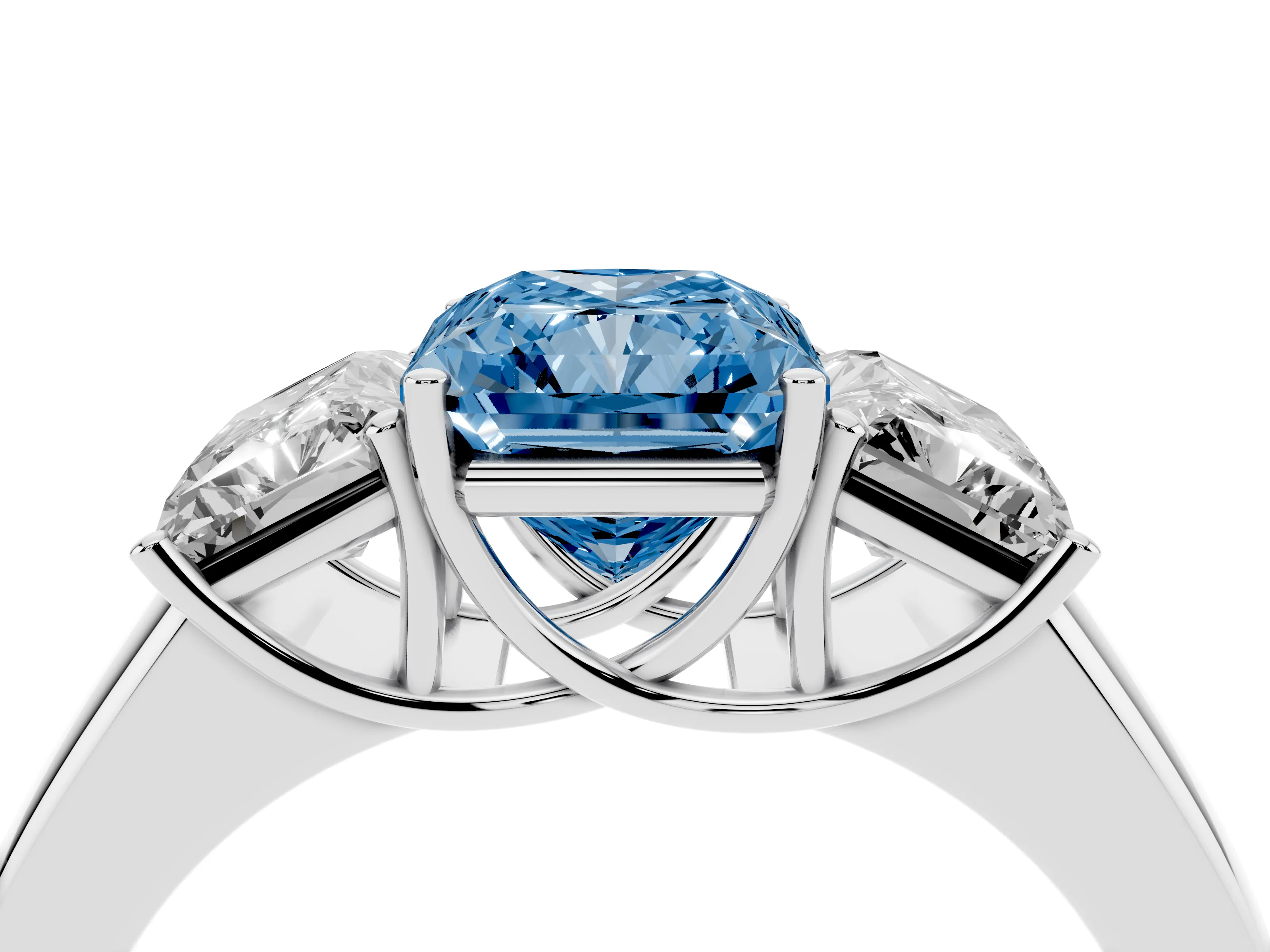 Fancy Blue Three-Stone Radiant Cut Diamond Ring Set in Silver with Matching Prong Settings and Plain Band