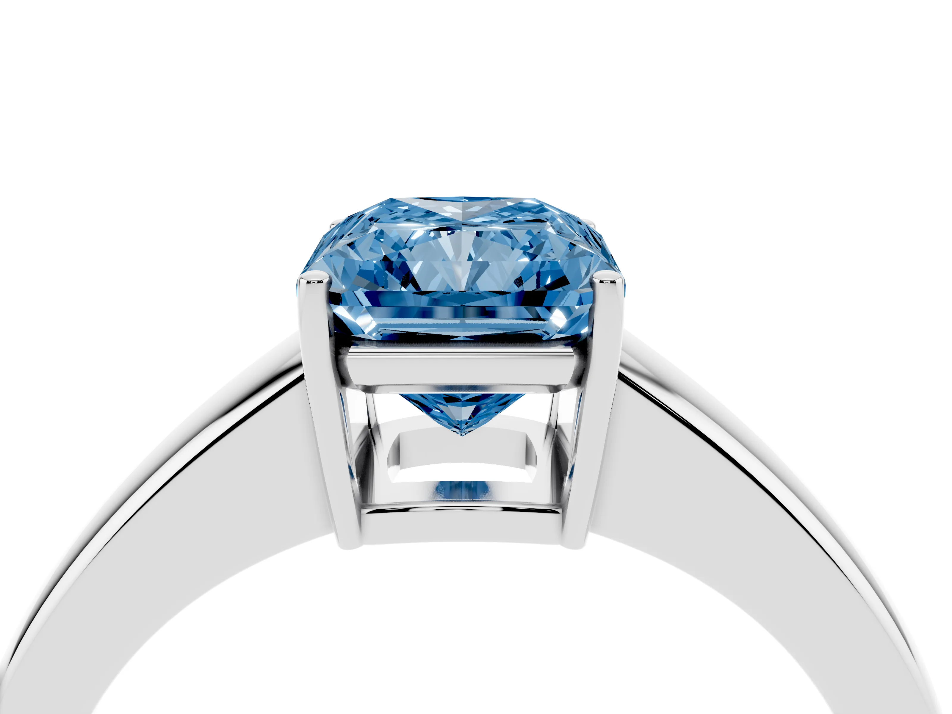 Fancy Blue Radiant Cut Diamond Solitaire Ring Set in White gold with Tapered Band and Prong Setting