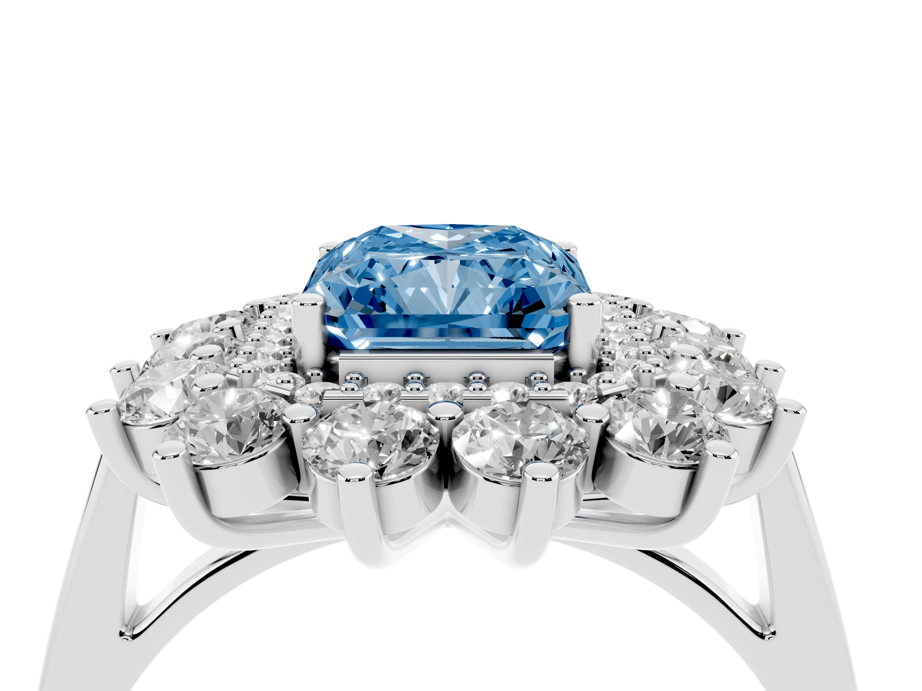 Fancy Blue Radiant Cut Diamond Floral Double Halo Ring Set in Platinum with Round Petals