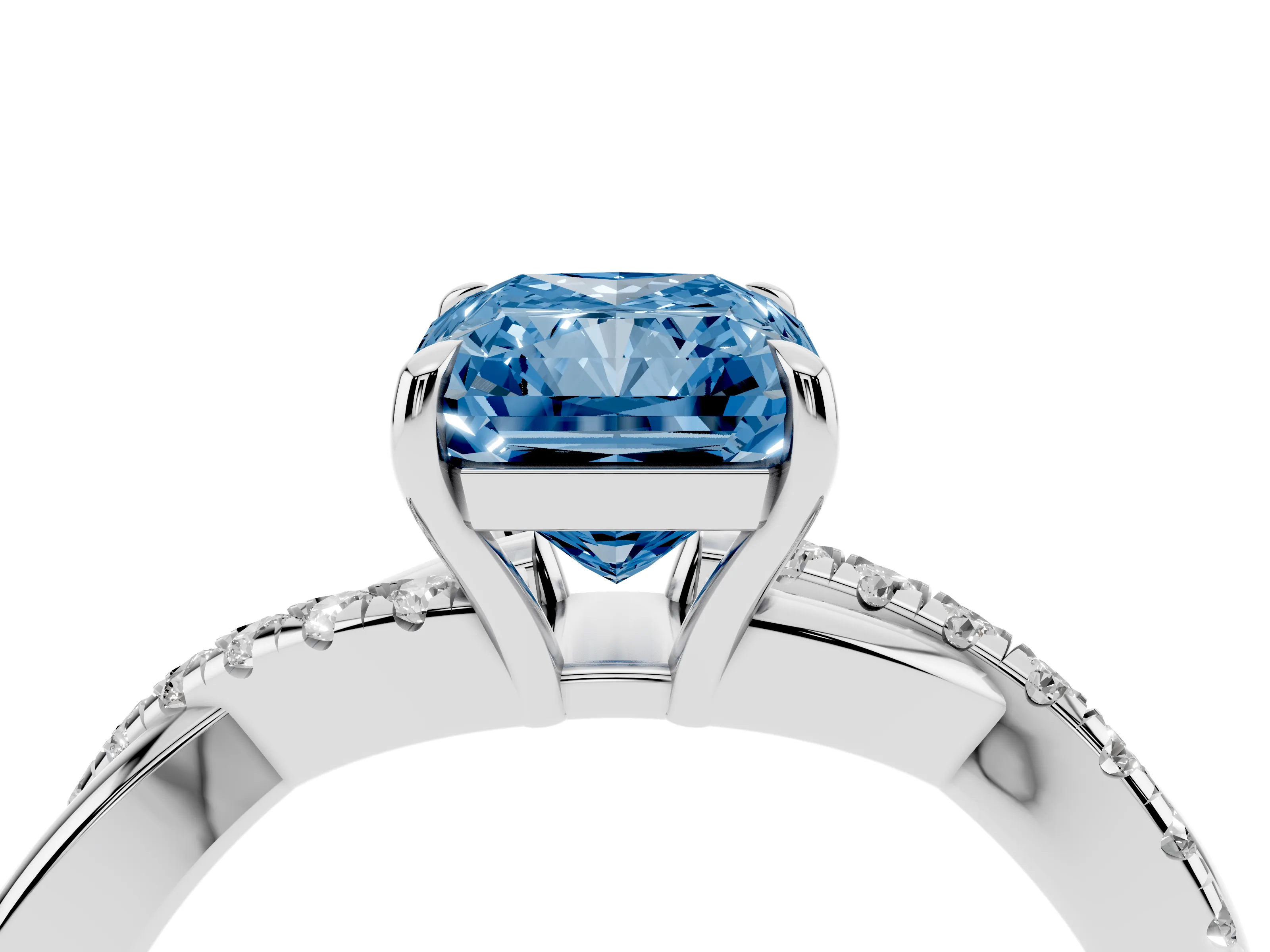 Fancy Blue Radiant Cut Diamond Twisted Pavé Band Ring Set in Silver with Prong Setting