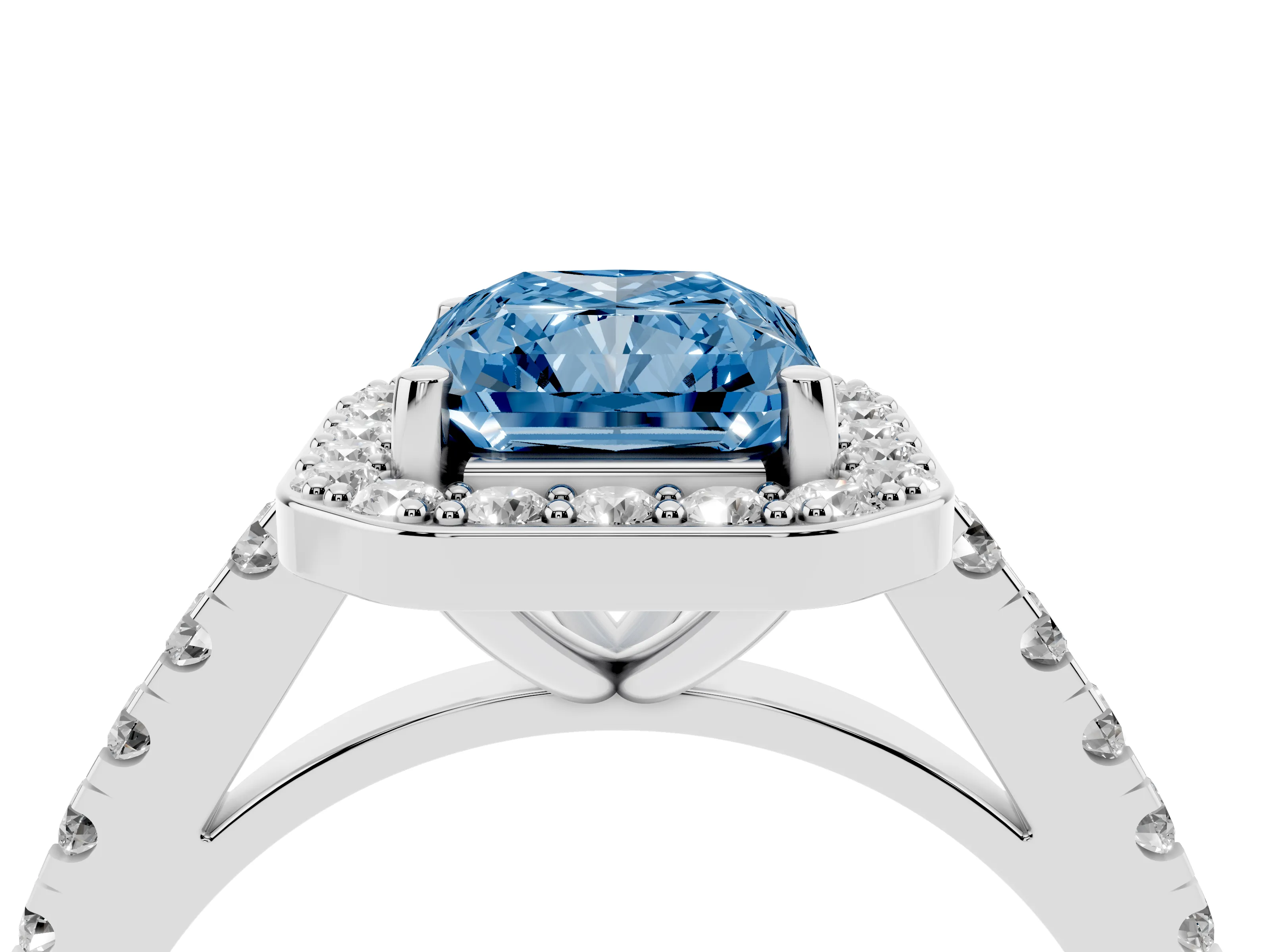 Fancy Blue Radiant Cut Diamond Halo Ring Set in Platinum with Round Pavé Split Shank and Prong Setting