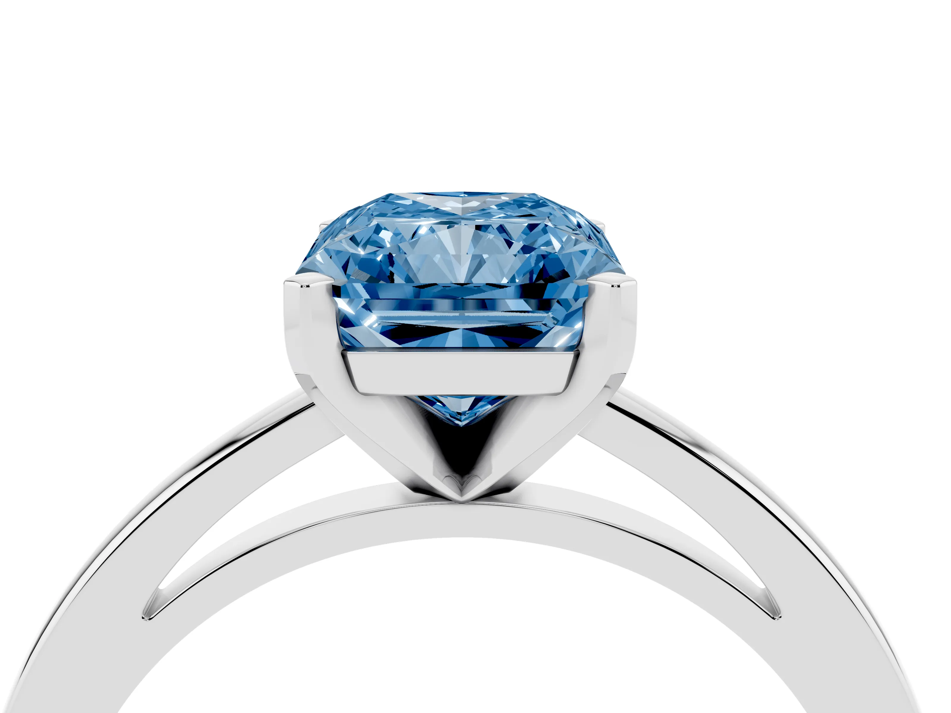 Fancy Blue Radiant Cut Diamond Solitaire Engagement Ring Set in Platinum with Prong Setting on a Classic Band