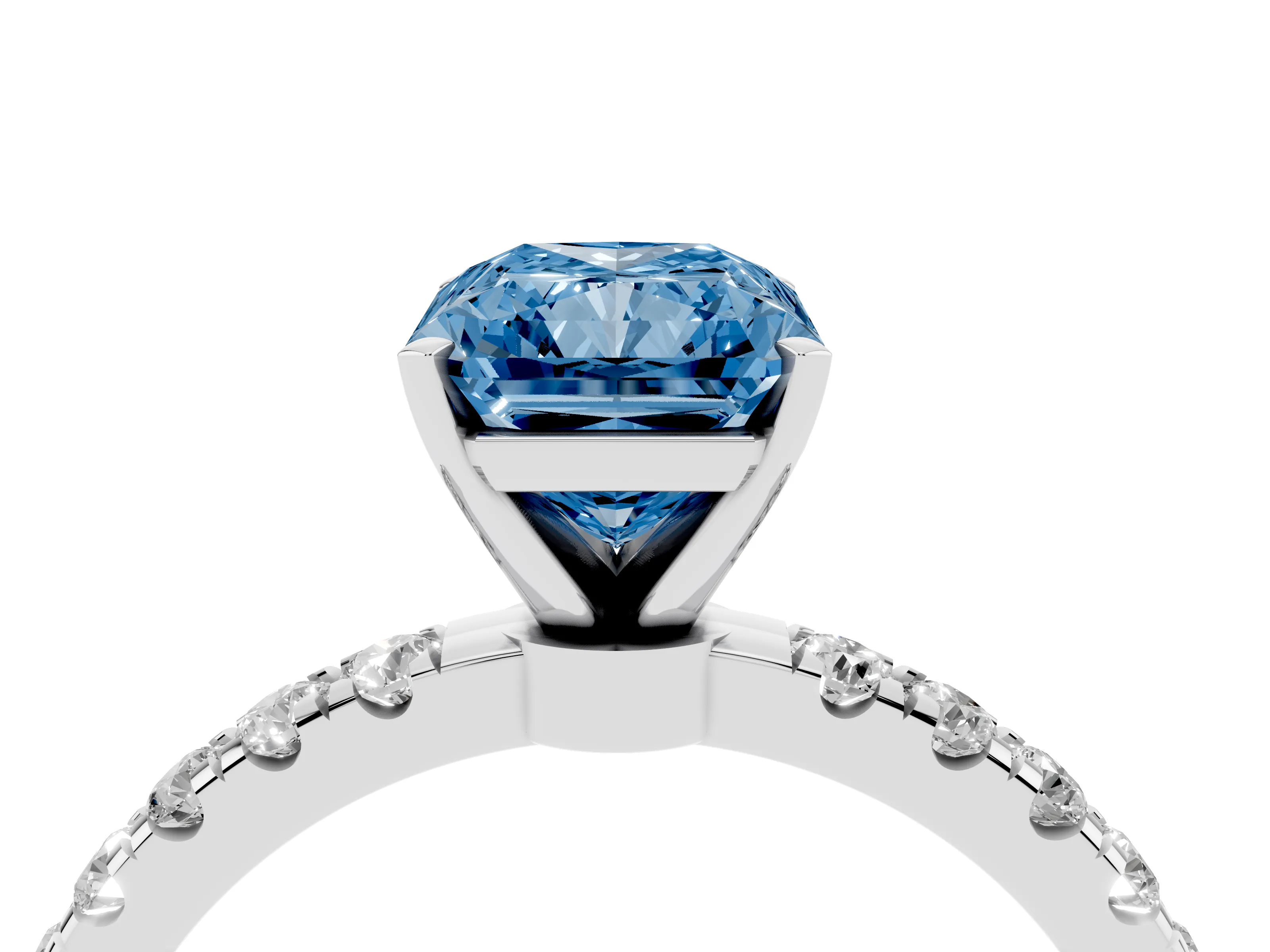 Fancy Blue Radiant Cut Diamond Solitaire Ring Set in Silver with Pavé Accents and Prong Setting