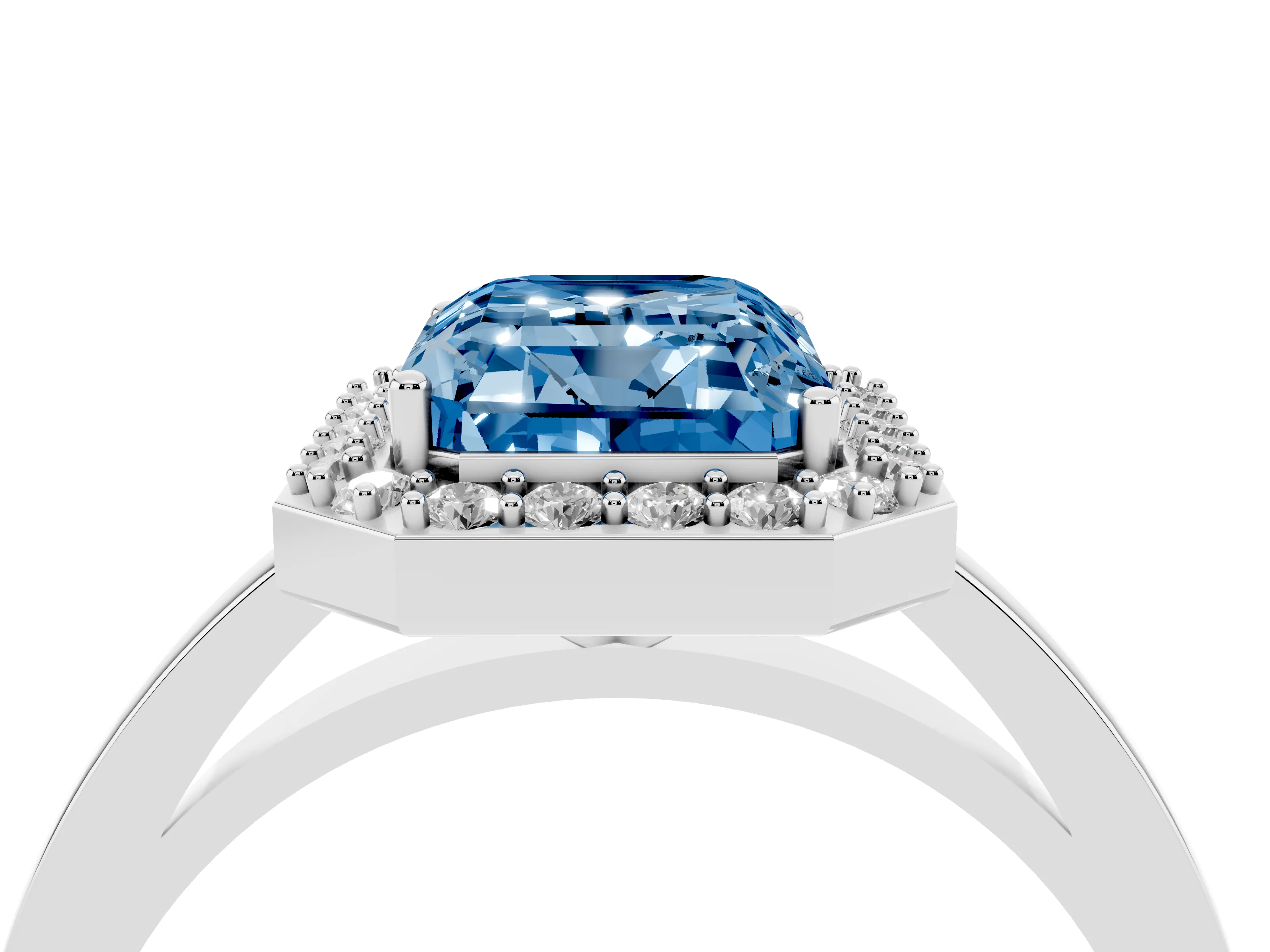 Fancy Blue Radiant Cut Diamond Halo Ring Set in Platinum with Solitaire Band and Prong Setting