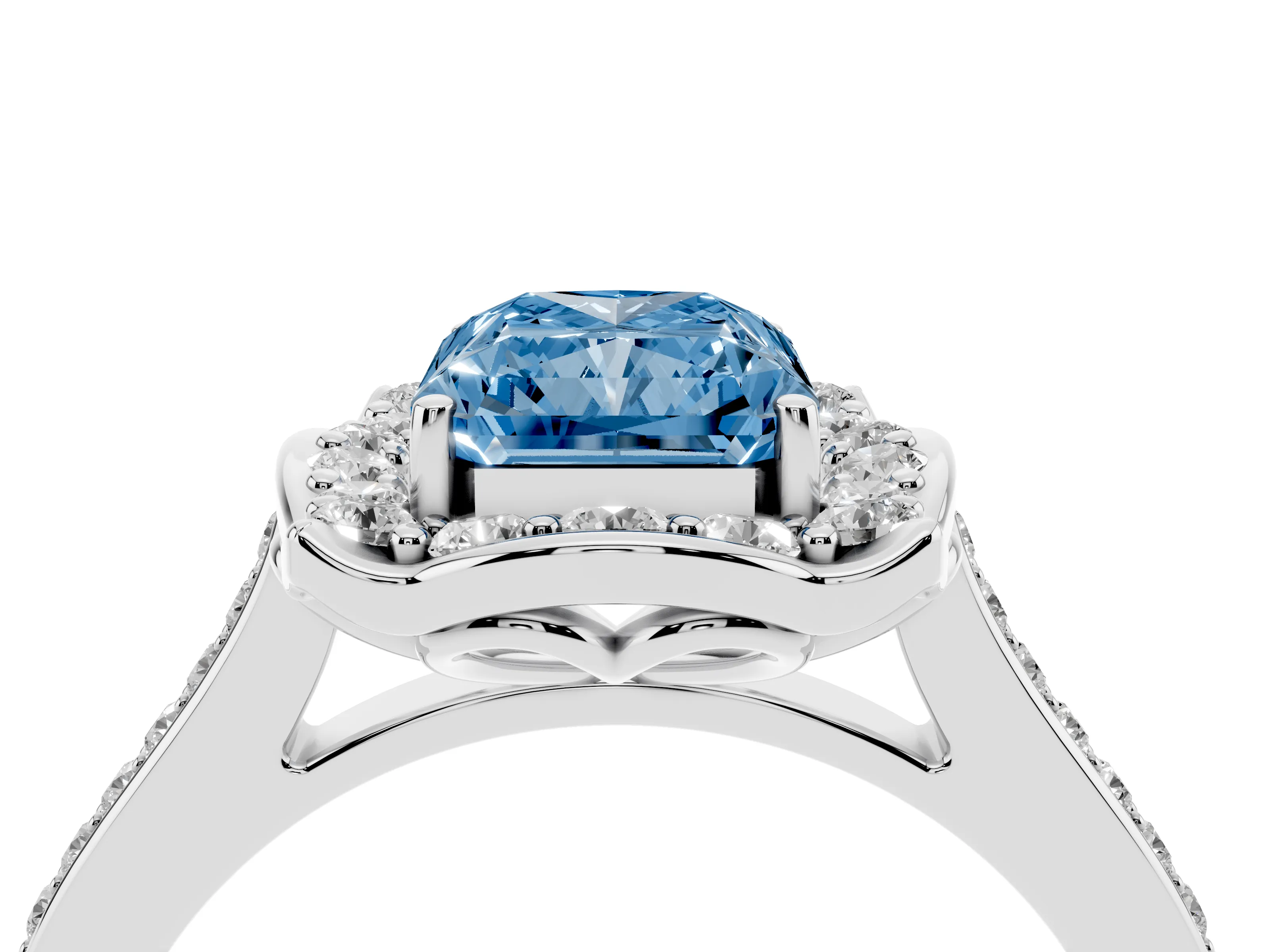 Fancy Blue Radiant Cut Diamond Halo Ring Set in Silver with Pavé-Lined Shoulders and Prong Setting