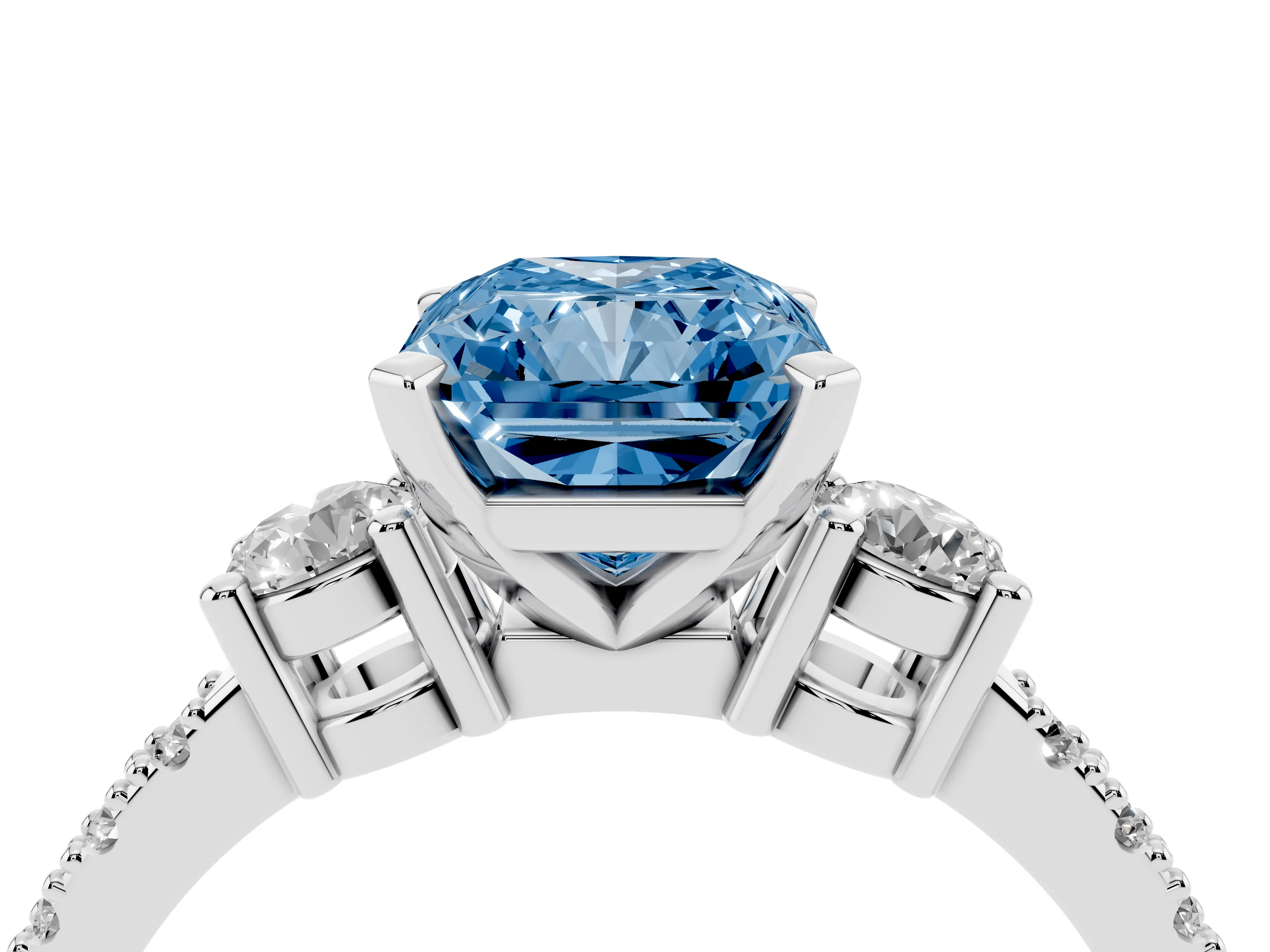 Fancy Blue Three-Stone Radiant Cut Diamond Pavé Band Ring Set in Silver with Prong Setting