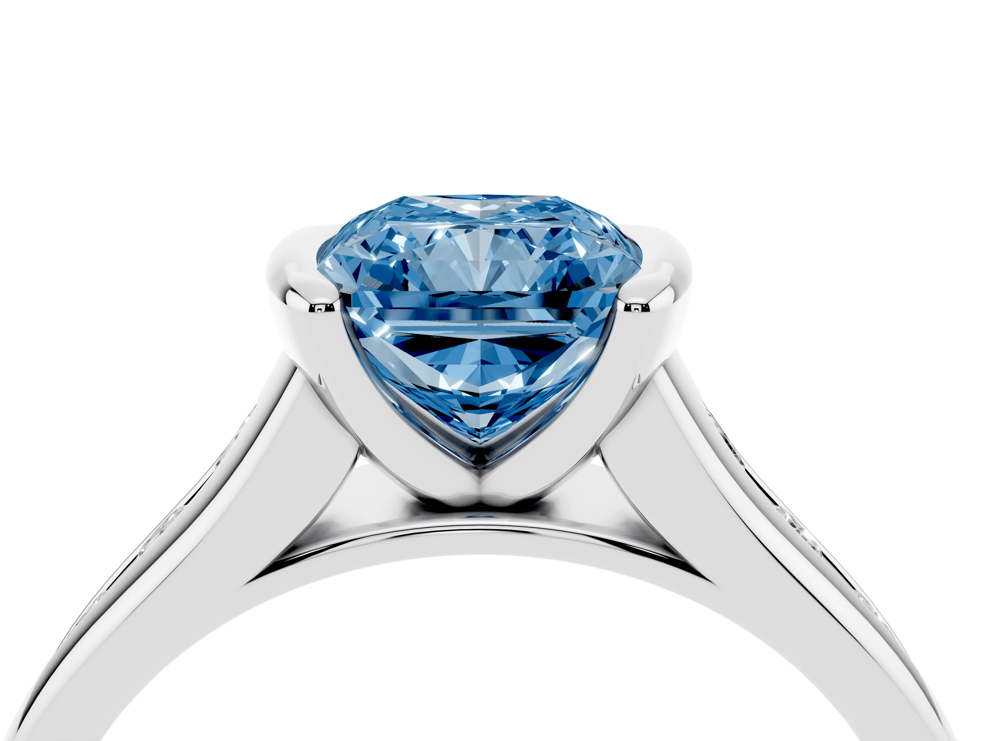 Fancy Blue Radiant Cut Diamond Bezel-Set Solitaire Ring Set in White gold with Channel-Set Band