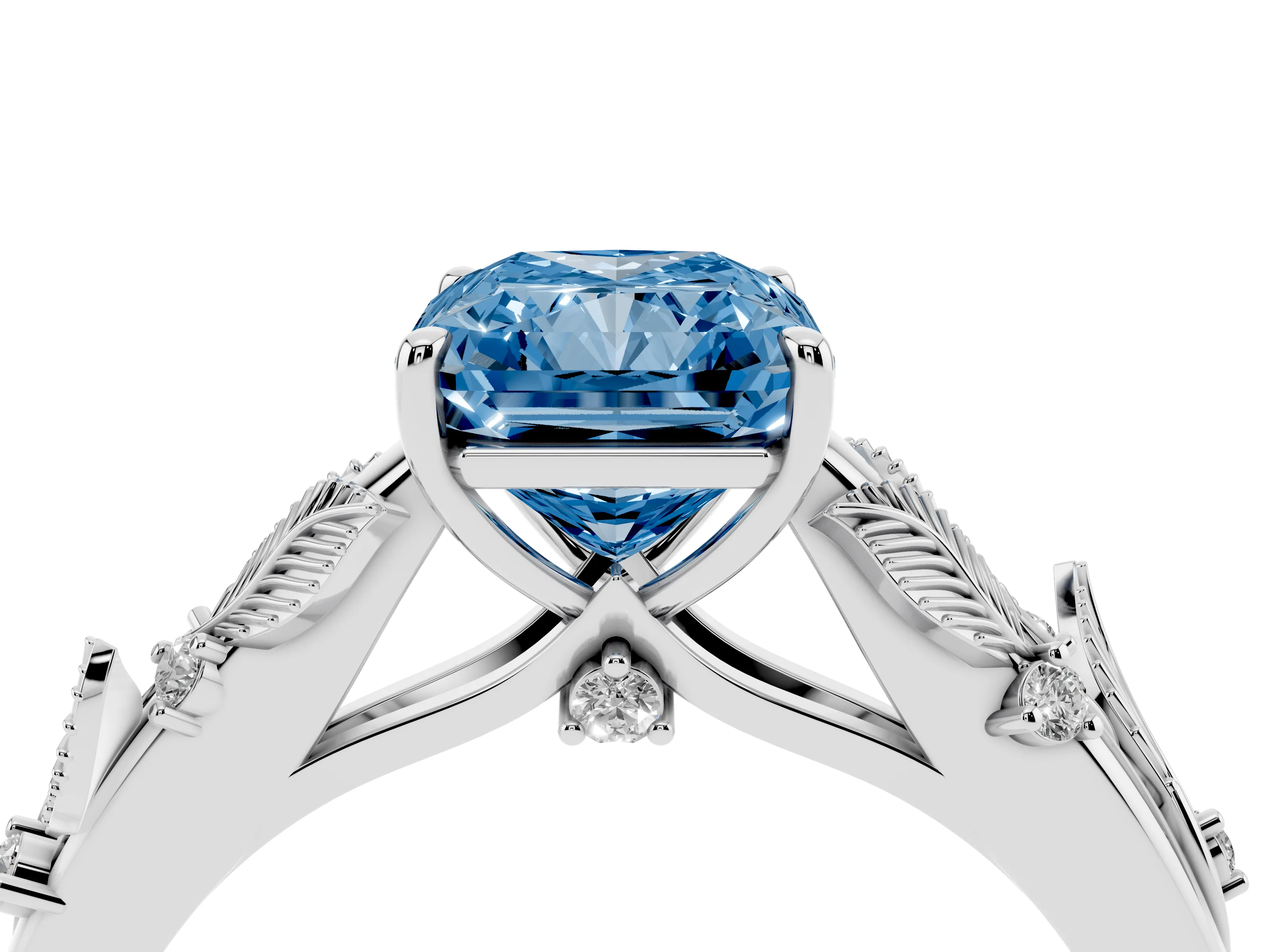Fancy Blue Radiant Cut Diamond Solitaire Ring Set in White gold with Leaf Motif Band