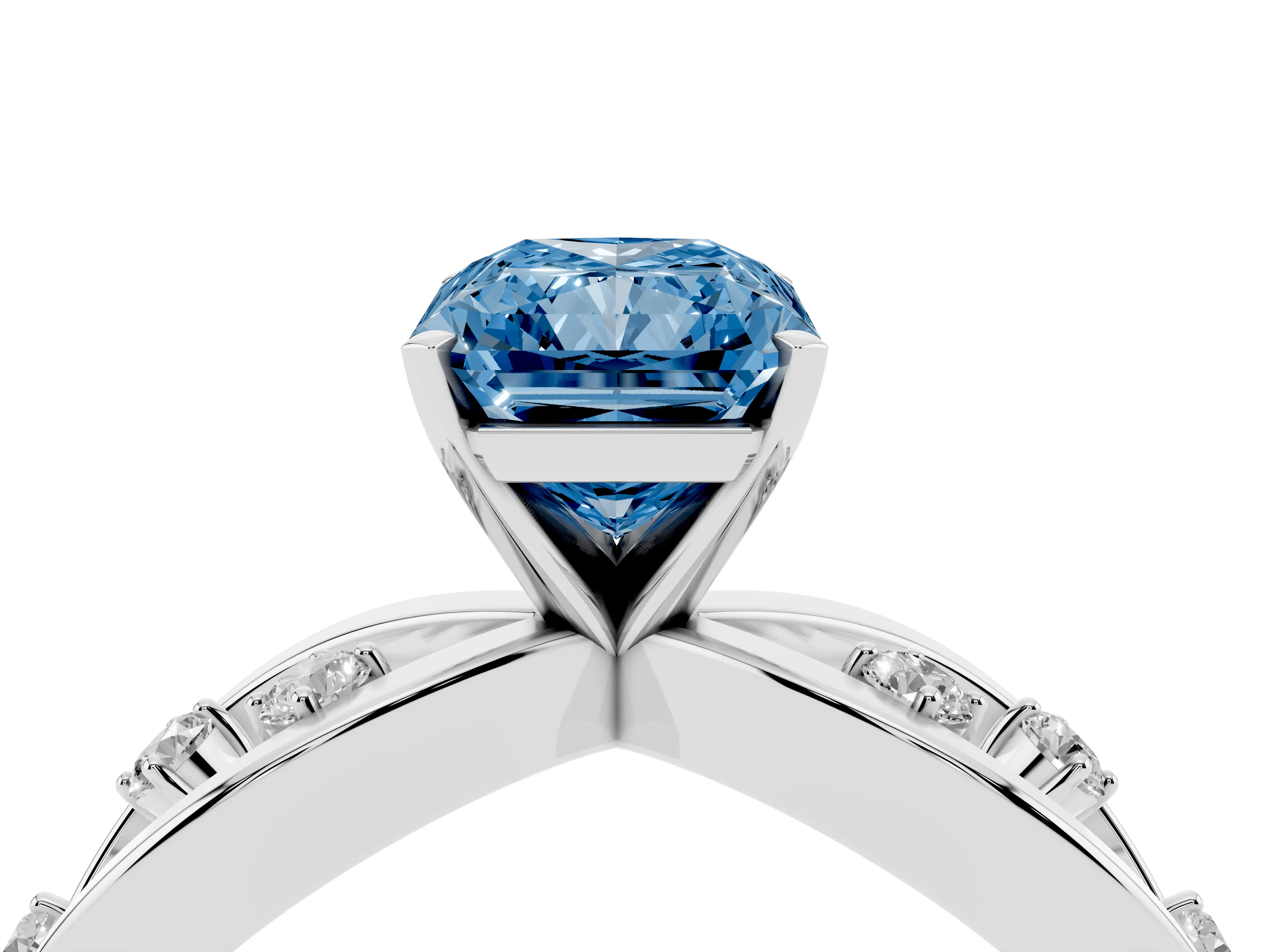 Fancy Blue Radiant Cut Diamond Solitaire Ring Set in Platinum with Side Stones on Criss-Cross Band and Prong Setting
