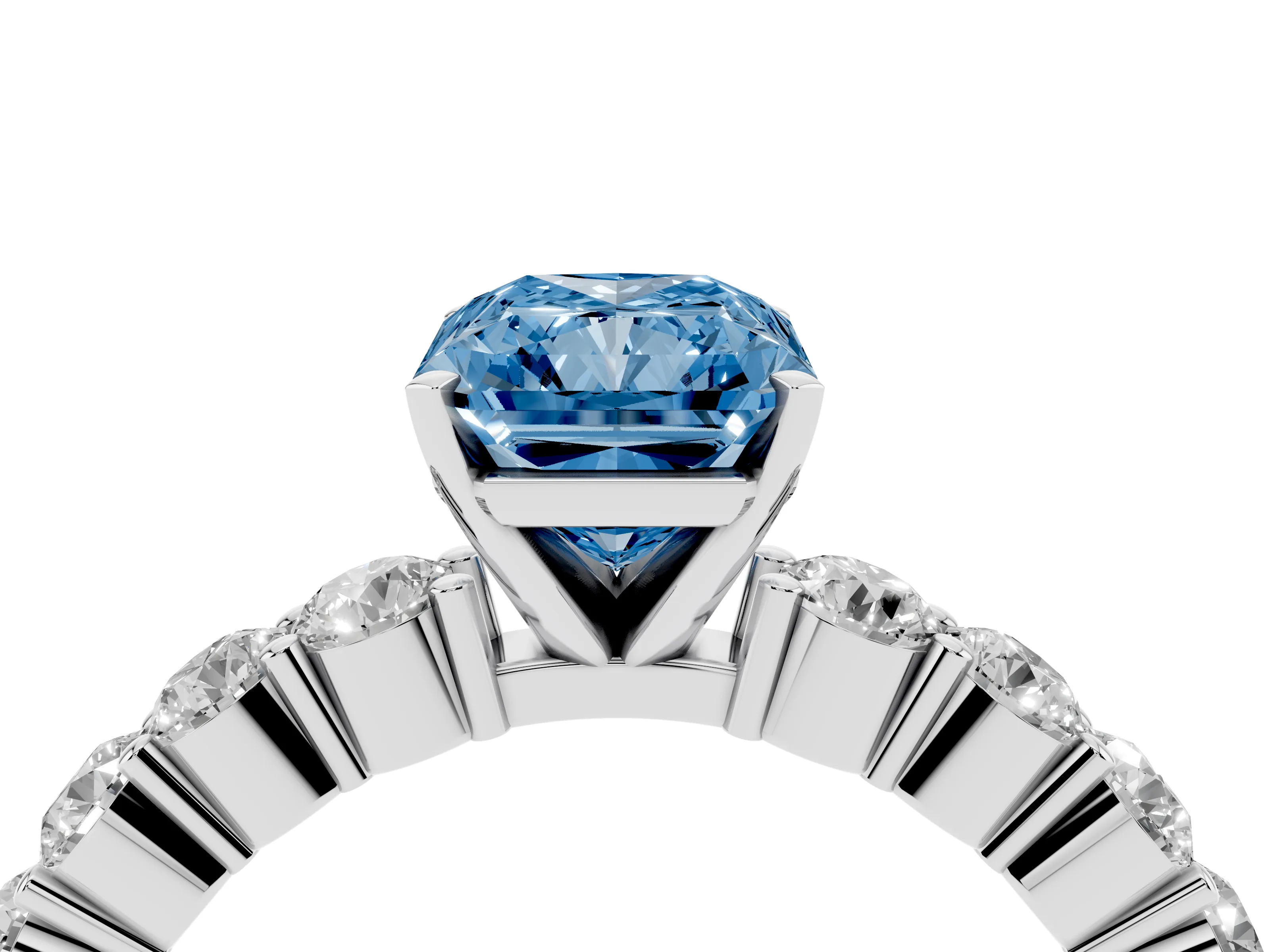 Fancy Blue Radiant Cut Diamond Solitaire Ring Set in Silver with Shared Prong Round Side Stones
