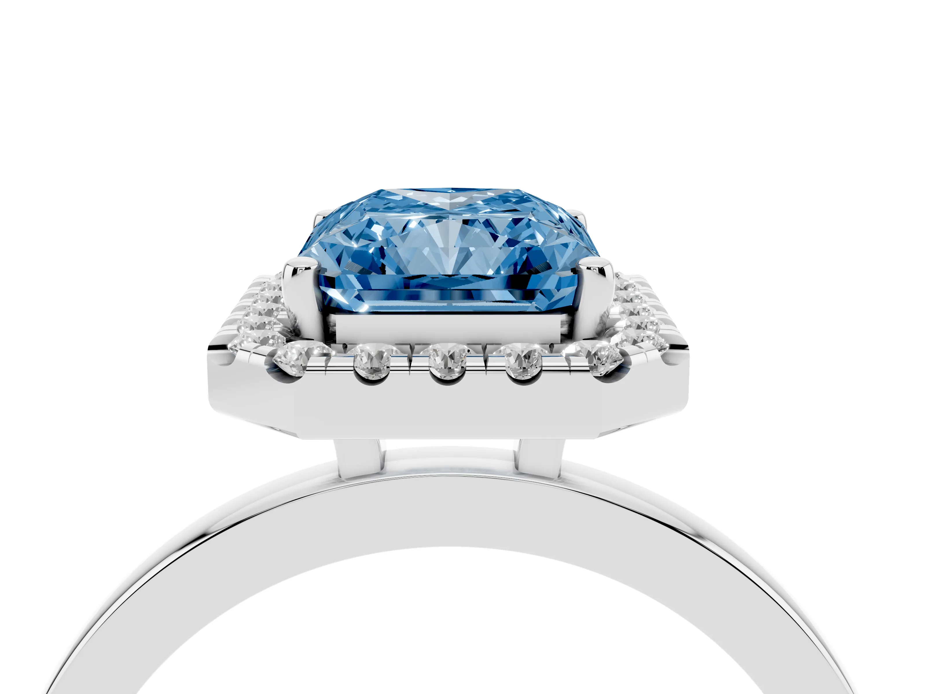Fancy Blue Radiant Cut Diamond Halo Solitaire Ring Set in Silver with Pavé Band and Prong Setting