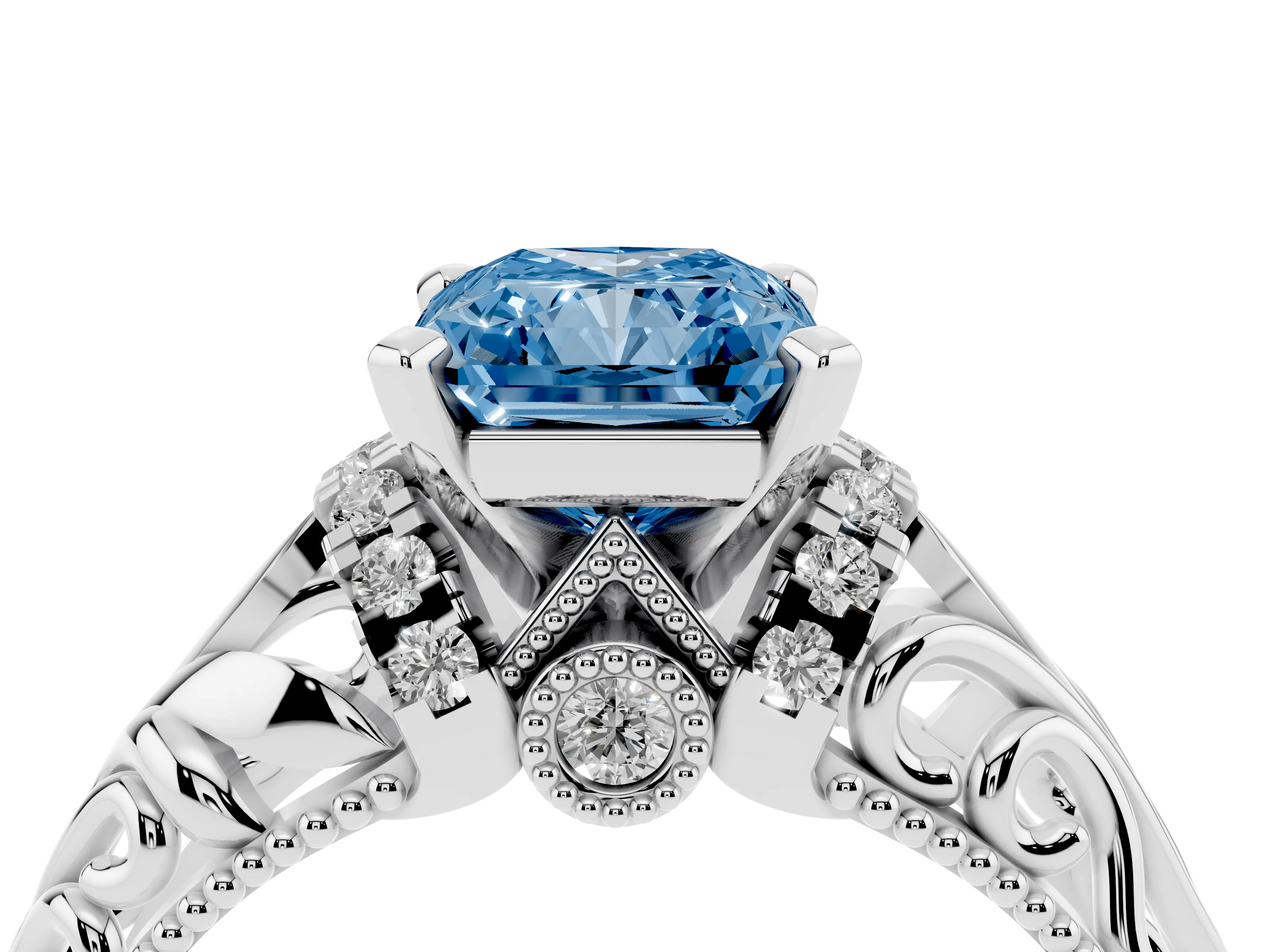 Fancy Blue Radiant Cut Diamond Filigree Halo Engagement Ring Set in Silver with Prong Setting