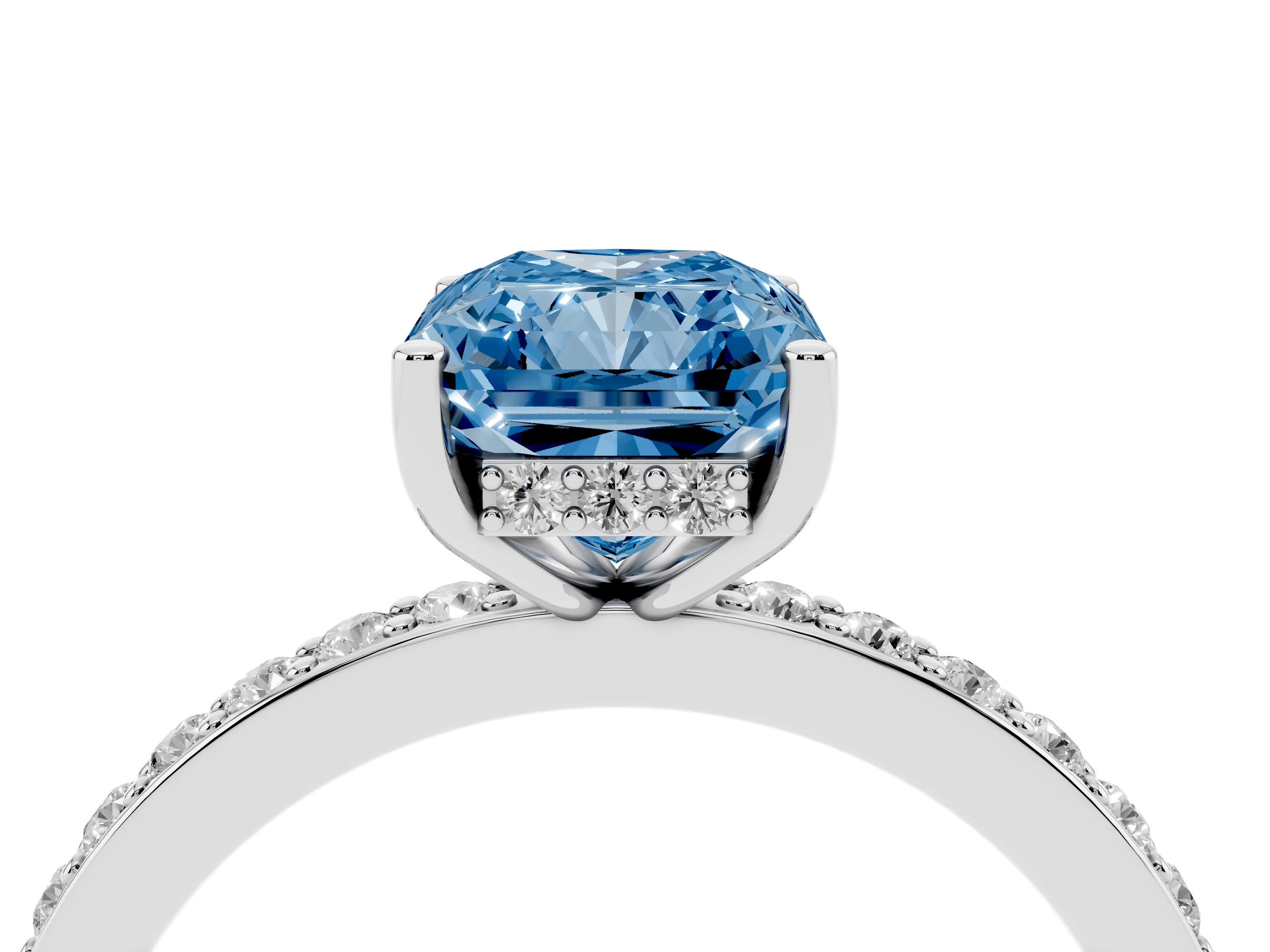 Fancy Blue Radiant Cut Diamond Pavé Band Ring Set in Silver with Prong-Set Center Stone