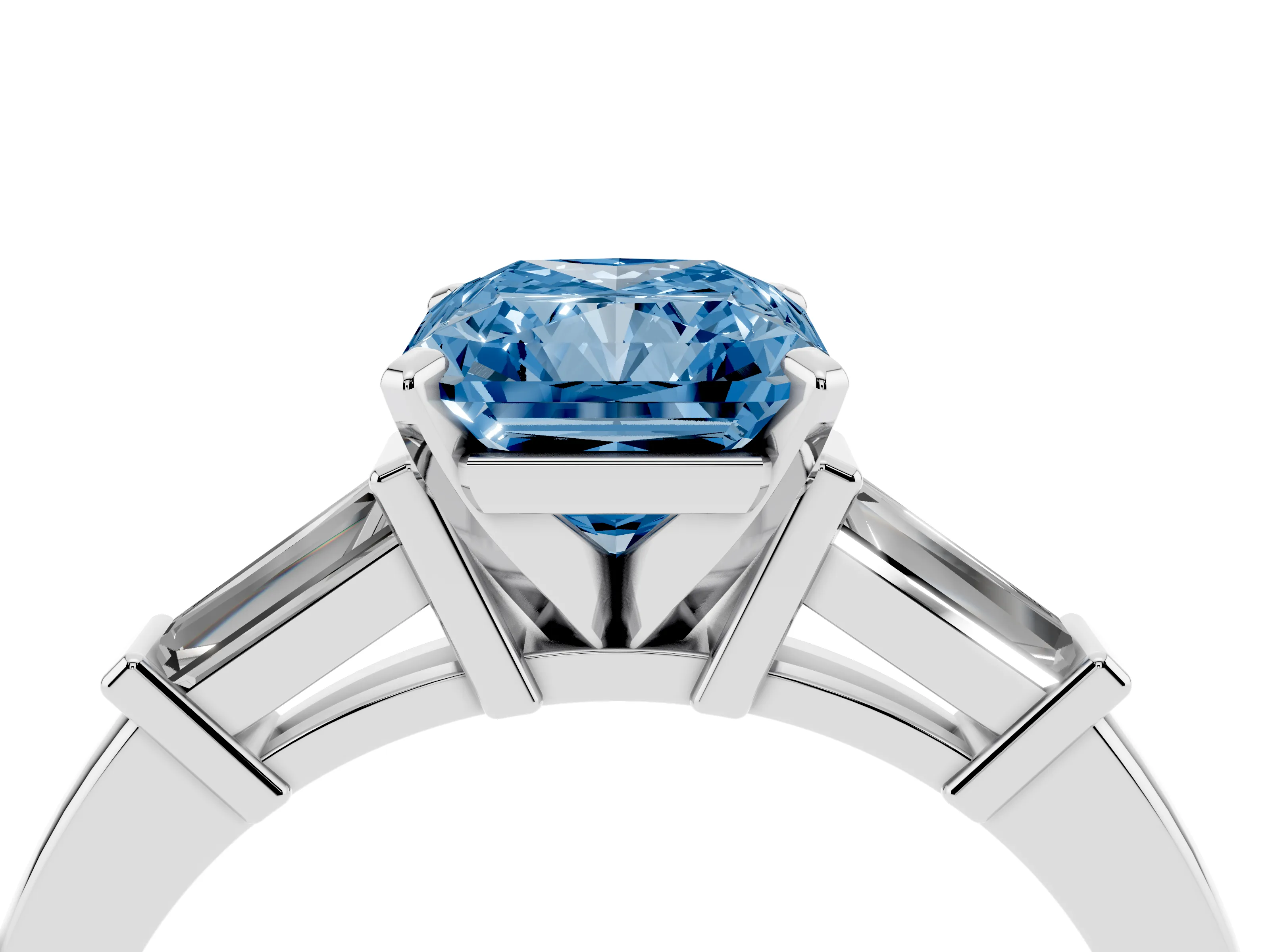 Fancy Blue Radiant Cut Diamond Solitaire Ring Set in White gold with Tapered Baguette Accents and Prong Setting