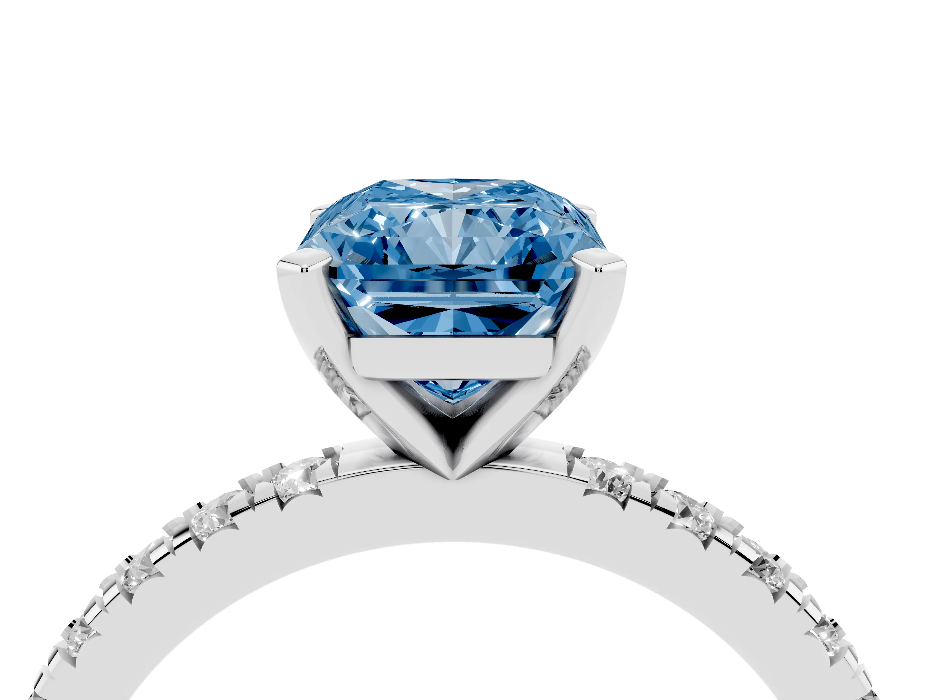 Fancy Blue Radiant Cut Diamond Pavé Band Solitaire Set in Silver with Prong Setting