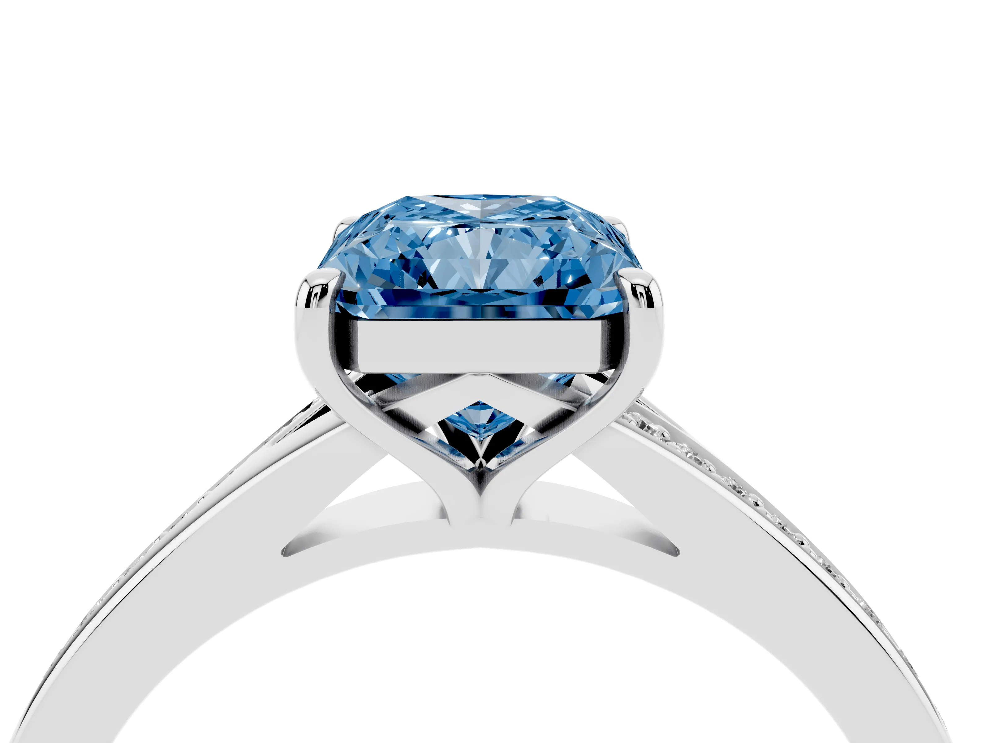 Fancy Blue Radiant Cut Diamond Solitaire Ring Set in Platinum with Pavé Accent Band and Classic Prong Setting