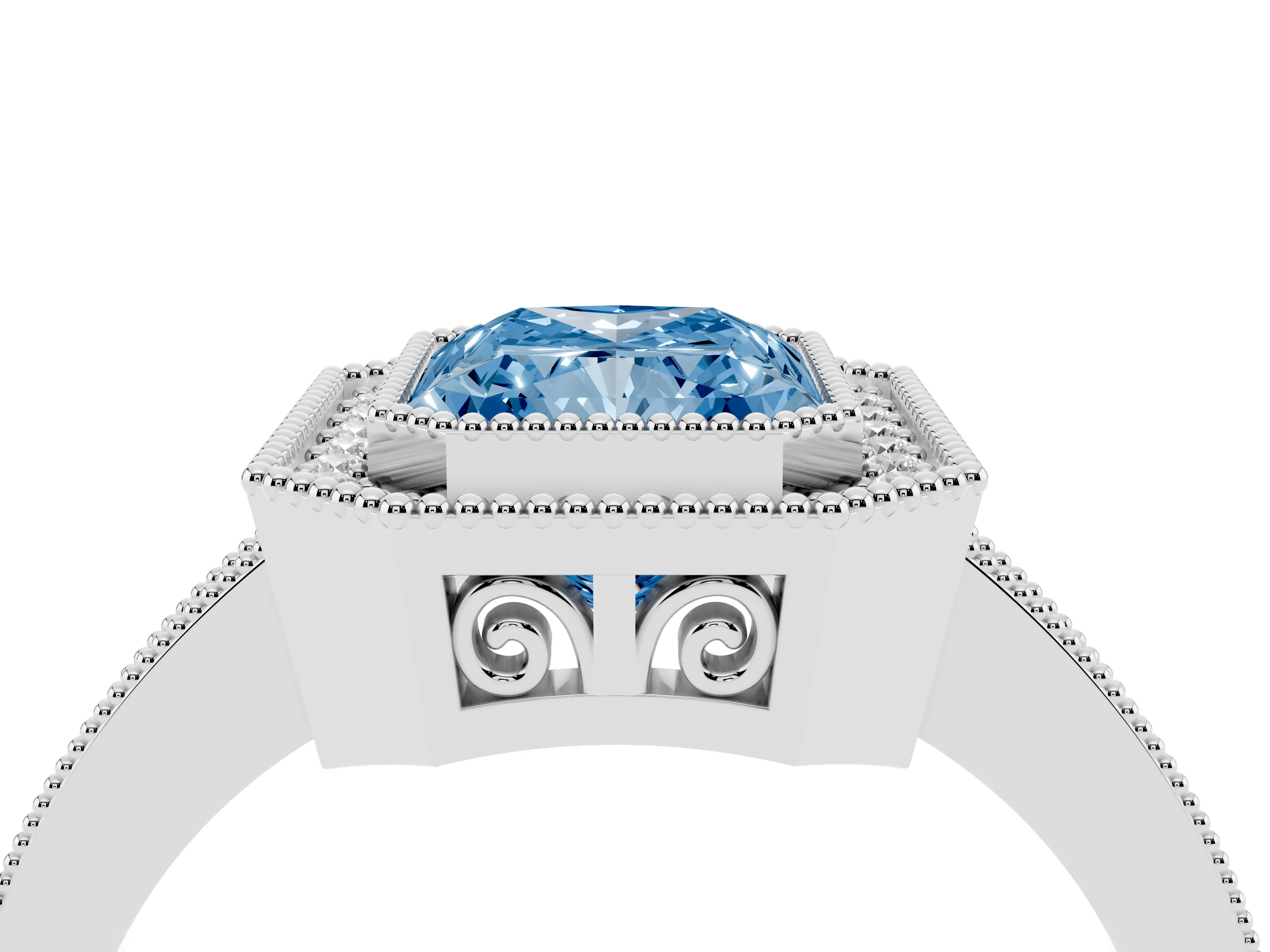 Fancy Blue Radiant Cut Diamond Round Halo Ring Set in White gold with Pavé Band