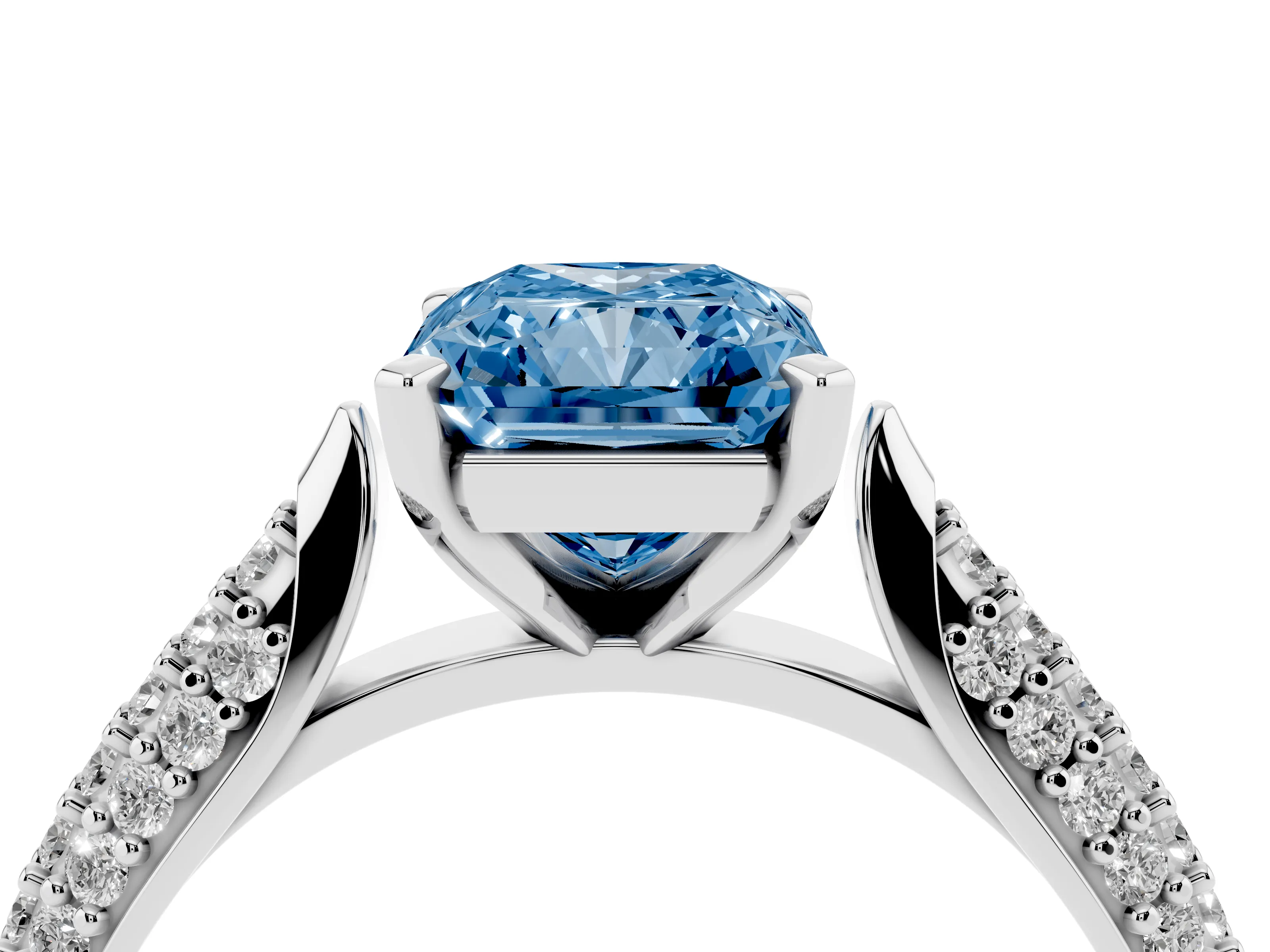 Fancy Blue Radiant Cut Diamond Solitaire Engagement Ring Set in White gold with Multi-Row Round Pavé Band and Prong Setting