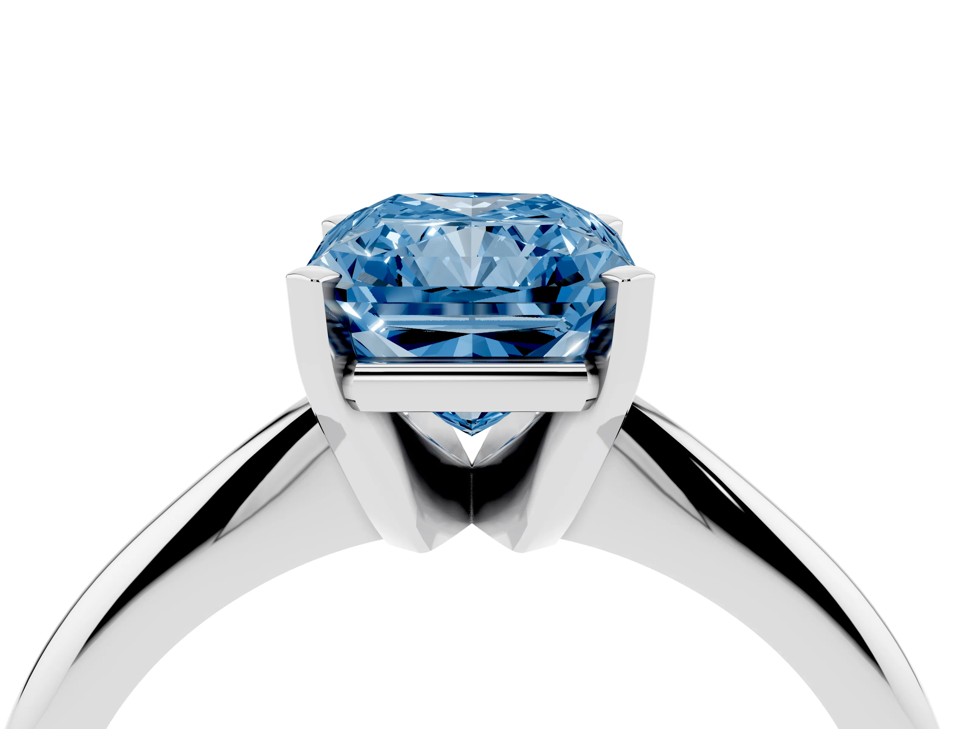 Fancy Blue Radiant Cut Diamond Solitaire Ring Set in Platinum with Prong Setting on a Plain Round Band
