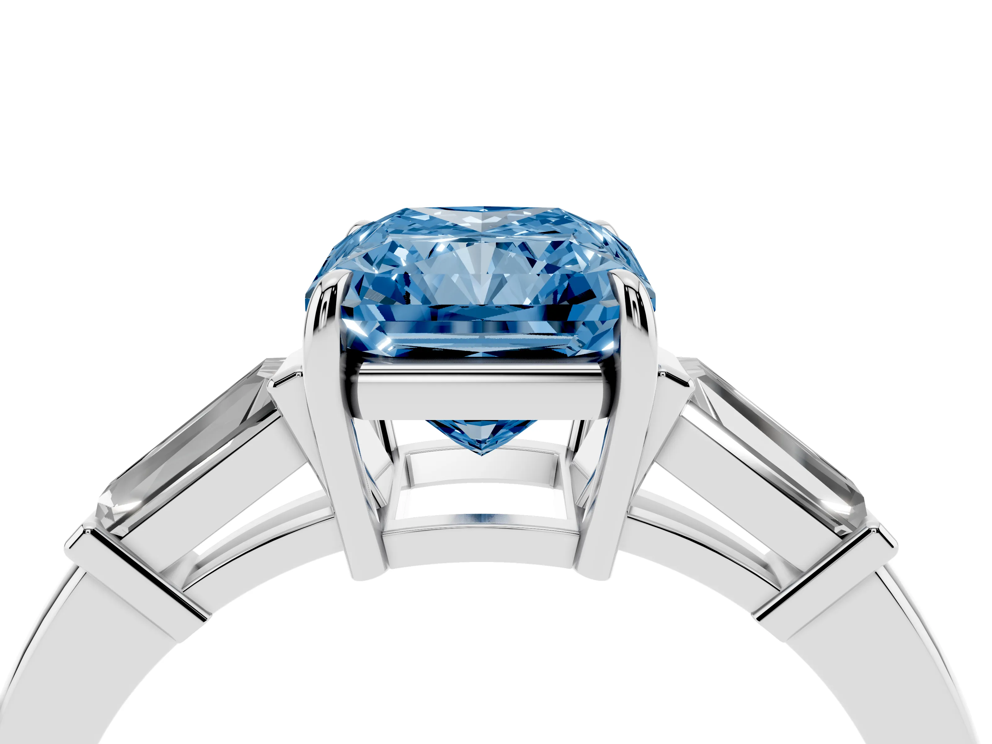 Fancy Blue Radiant Cut Diamond Three-Stone Ring Set in Silver with Tapered Baguette Side Stones and Prong Setting