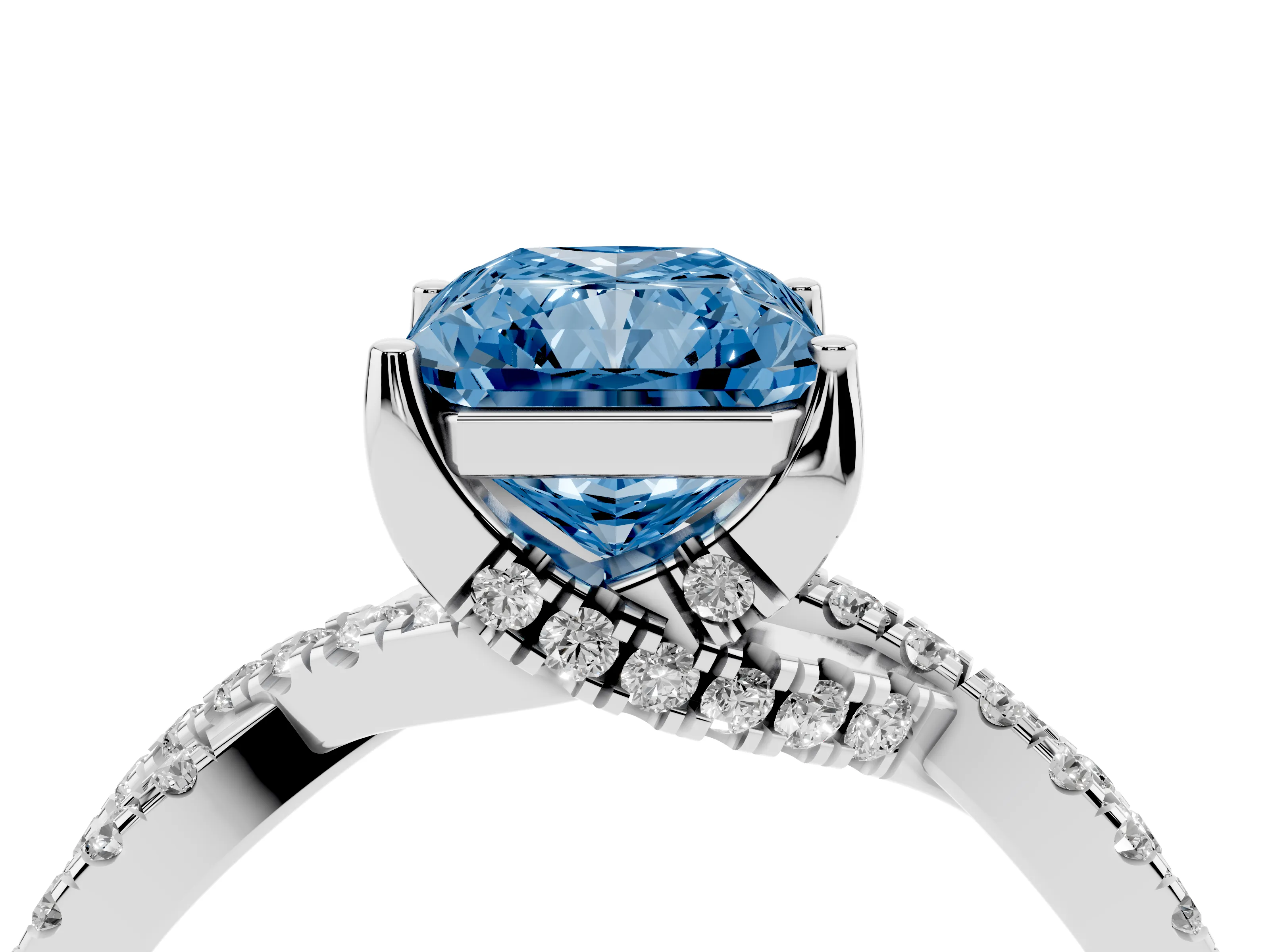 Fancy Blue Radiant Cut Diamond Twist Pavé Solitaire Engagement Ring Set in Silver with Prong Setting