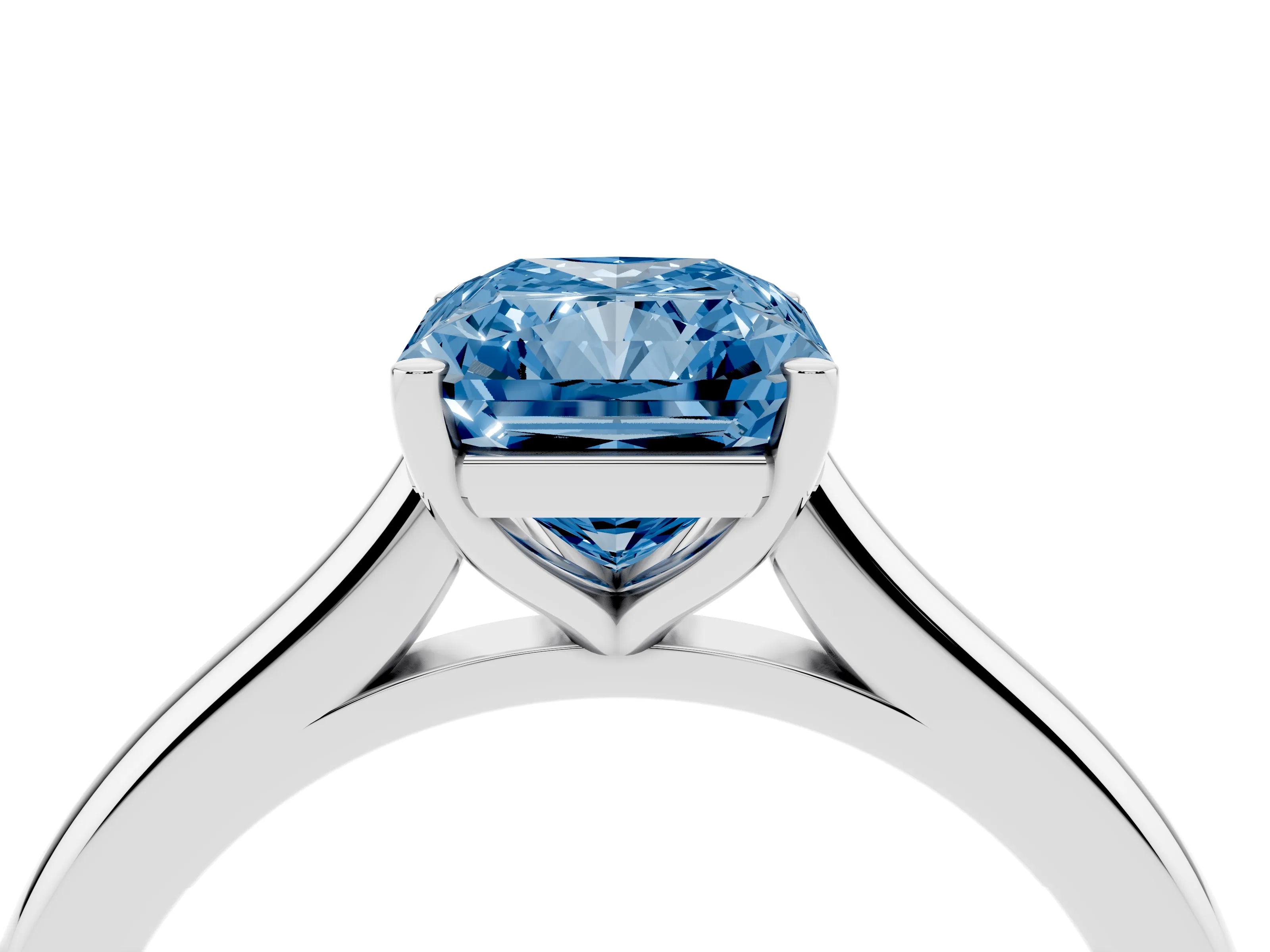 Fancy Blue Radiant Cut Diamond Solitaire Ring Set in Silver with Cathedral Band and Prong Setting