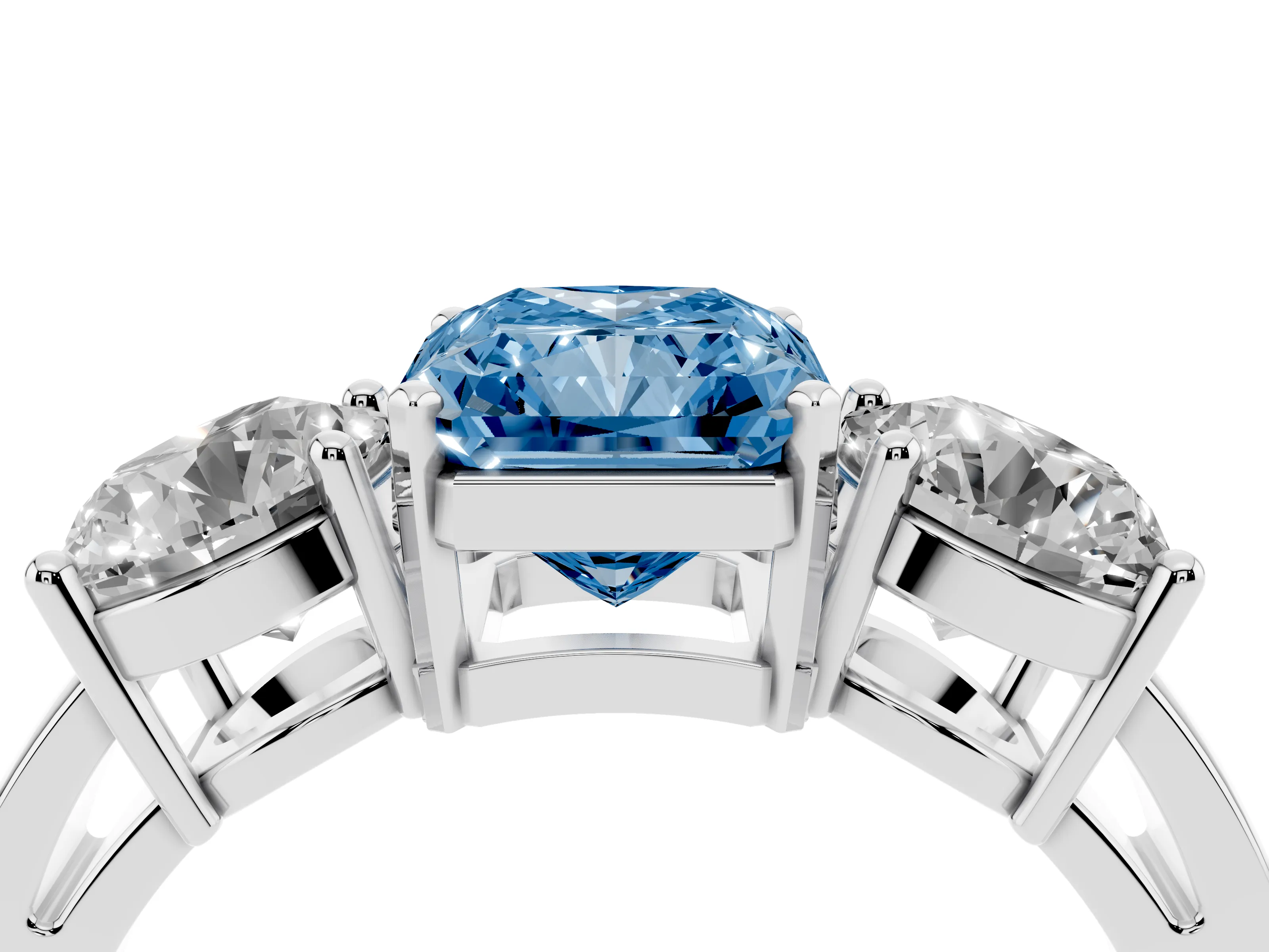 Fancy Blue Radiant Cut Diamond Three-Stone Ring Set in White gold with Round Side Stones and Classic Band
