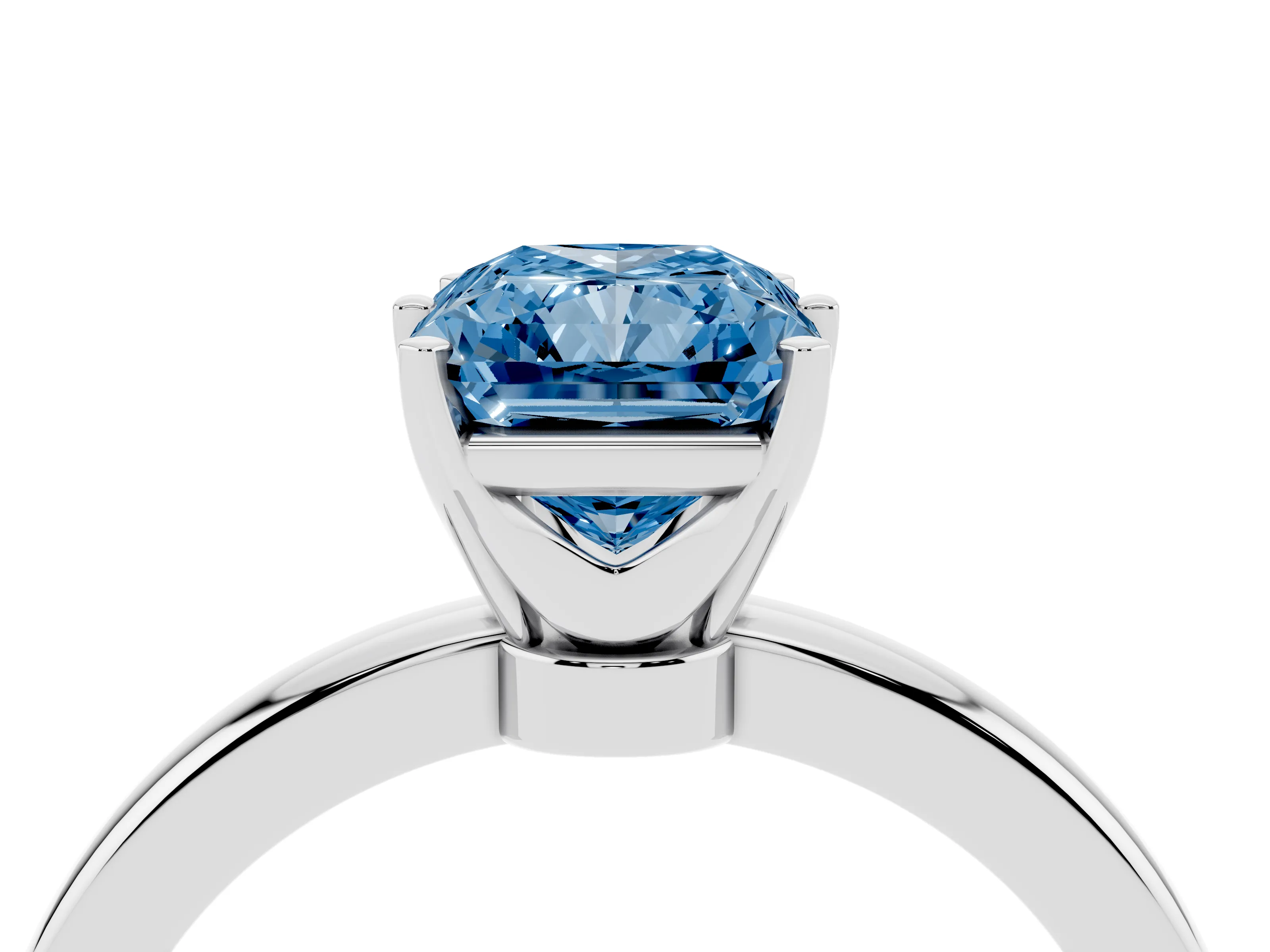 Fancy Blue Radiant Cut Diamond Solitaire Ring Set in Silver with Raised Prong Setting on a Classic Band