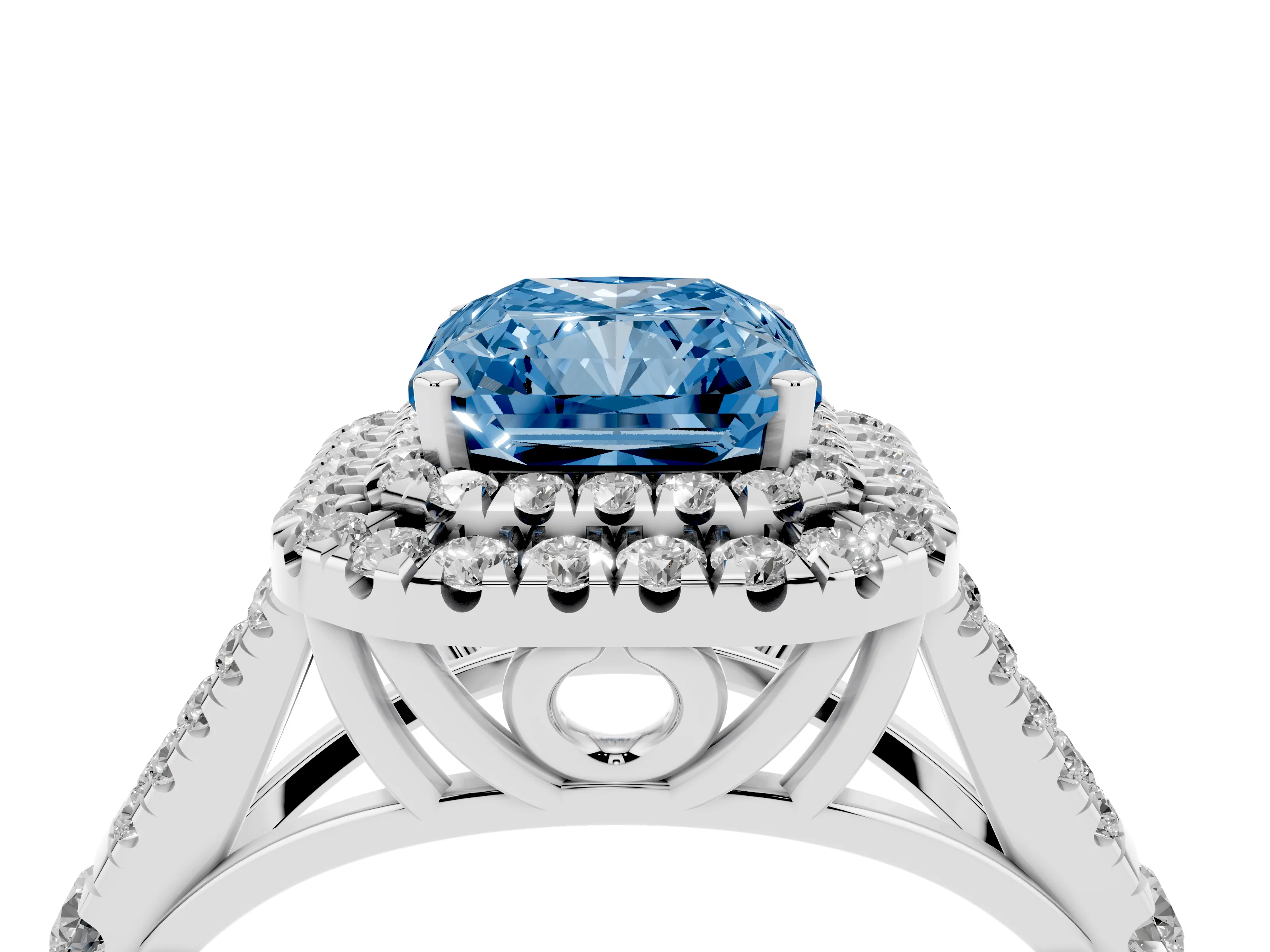 Fancy Blue Radiant Cut Diamond Pavé Split Shank Double Halo Engagement Ring Set in Silver