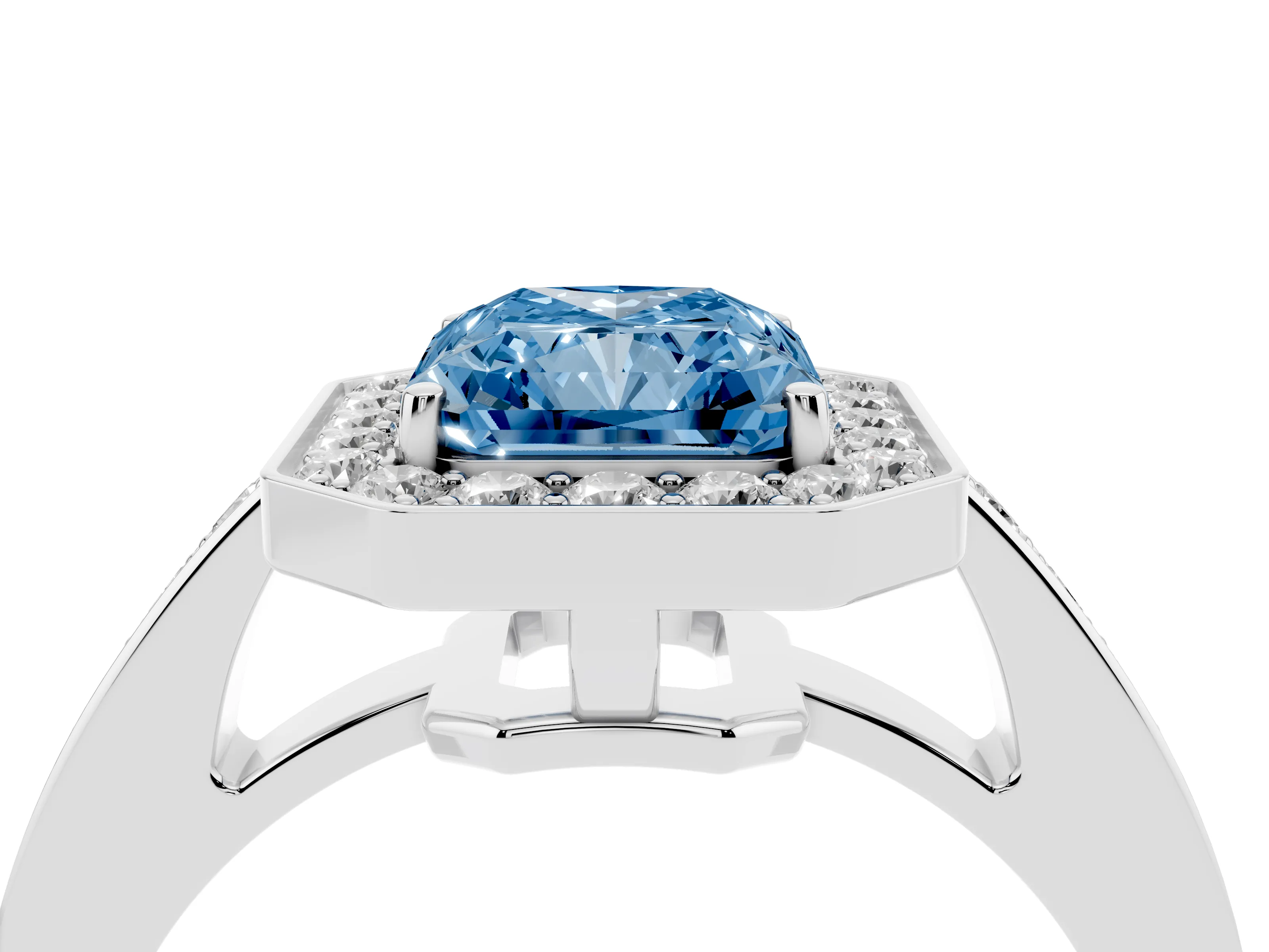 Fancy Blue Radiant Cut Diamond Halo Pavé Engagement Ring Set in White gold with Bezel Setting