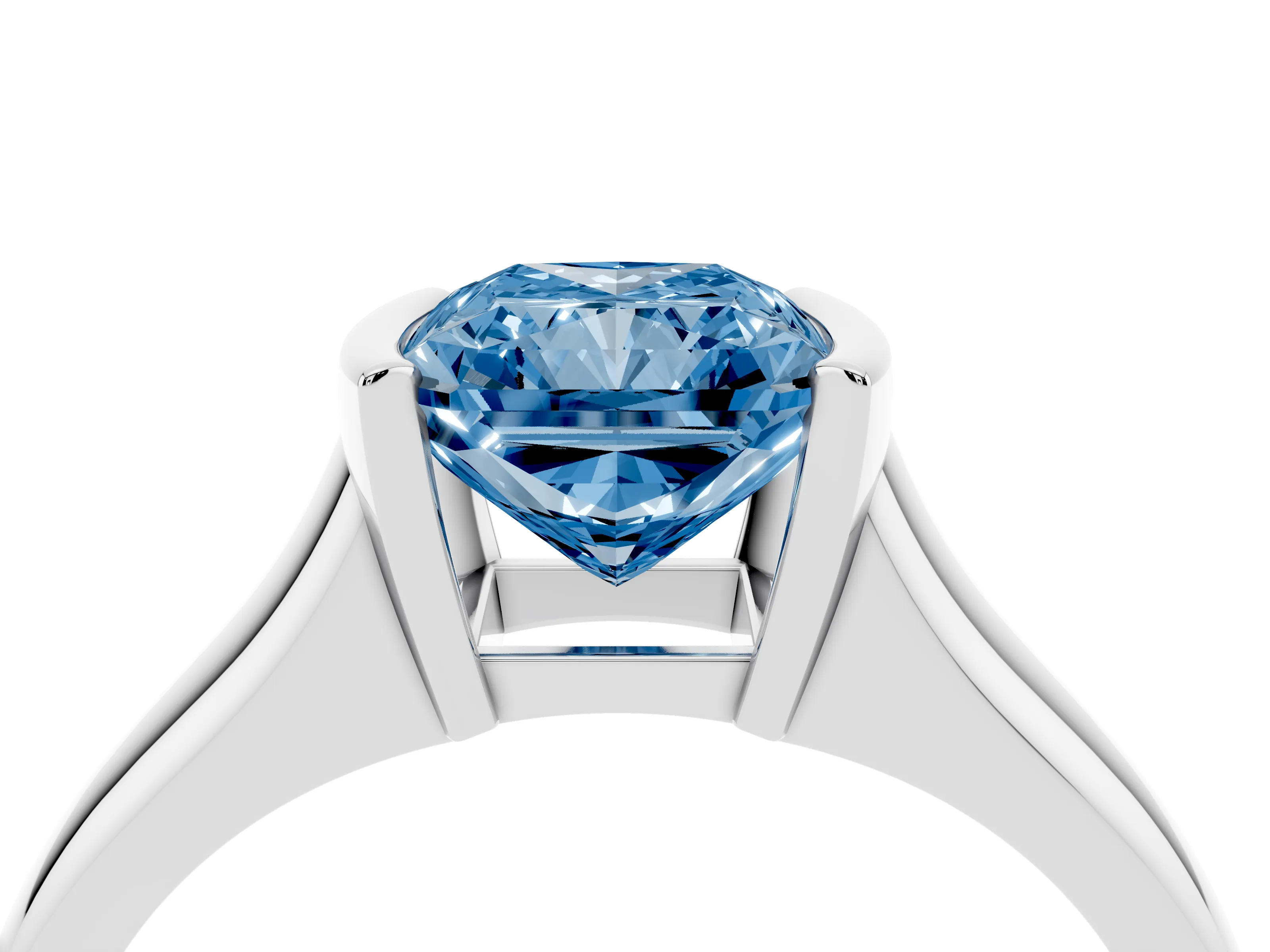 Fancy Blue Radiant Cut Diamond Solitaire Tension Set Ring Set in Platinum with Split Shank Band