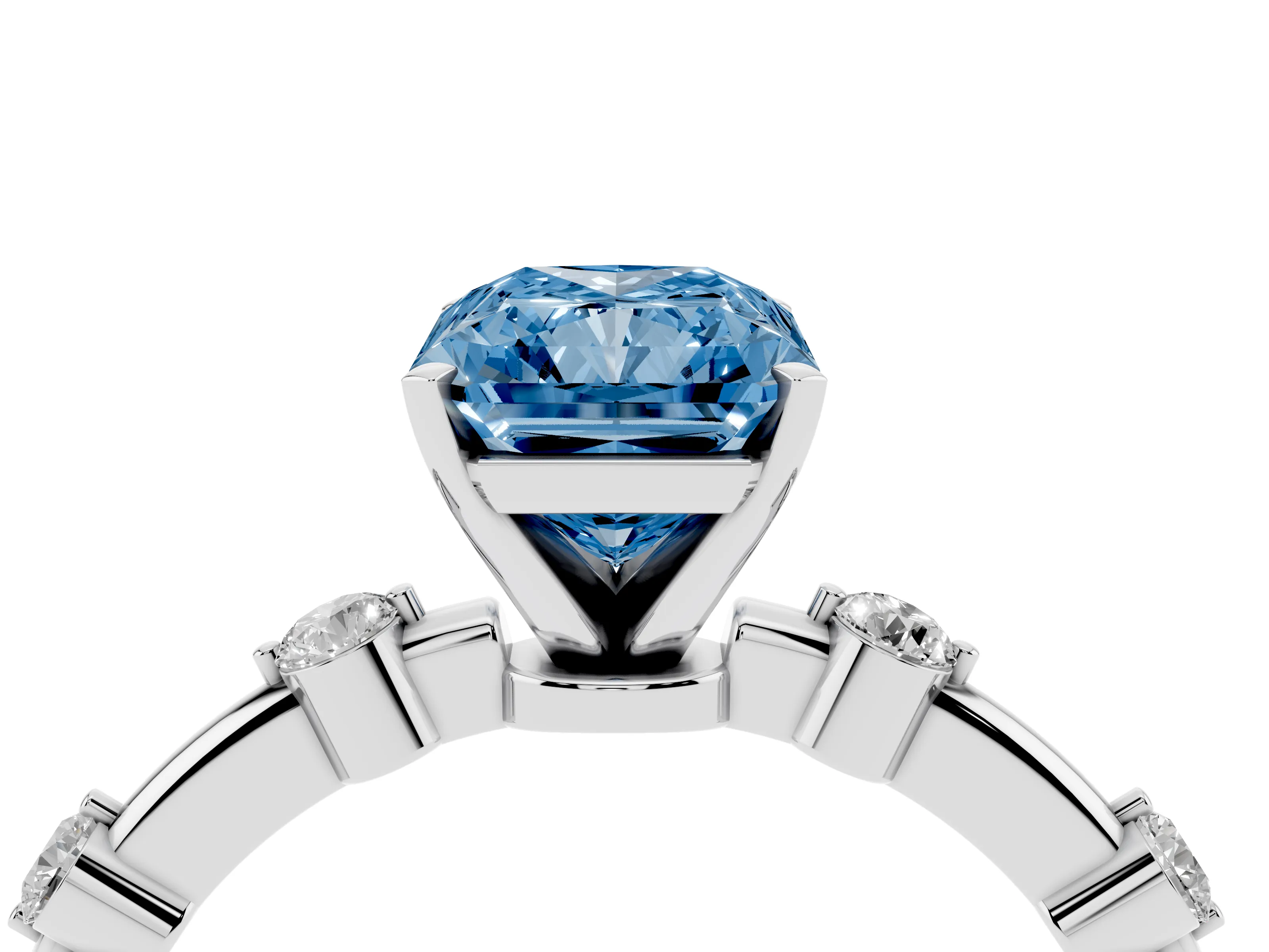 Fancy Blue Radiant Cut Diamond Solitaire Ring Set in Silver with Bezel Set Side Stones and Prong Setting