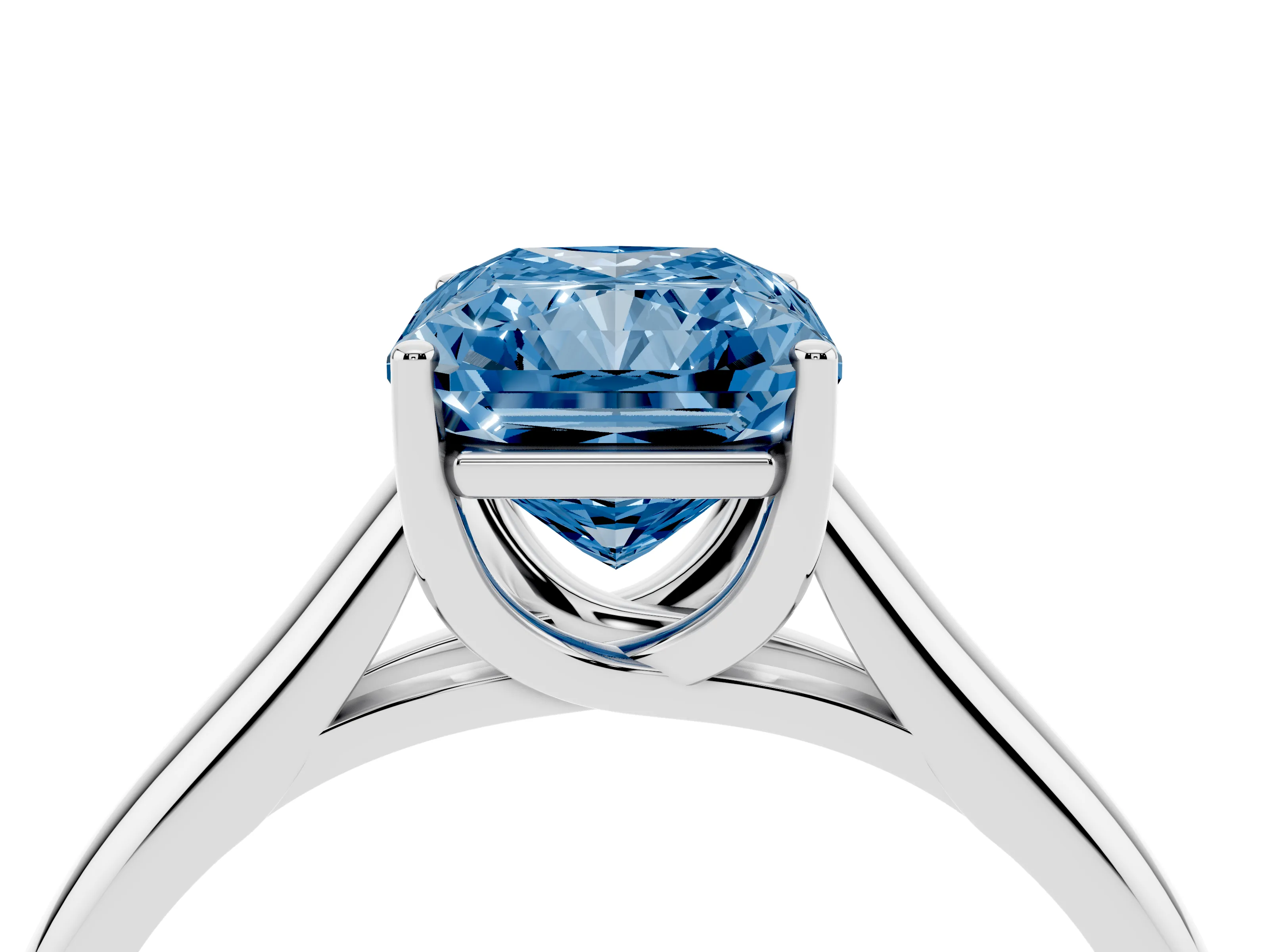 Fancy Blue Radiant Cut Diamond Solitaire Engagement Ring Set in Silver with Subtly Tapered Band and Prong Setting
