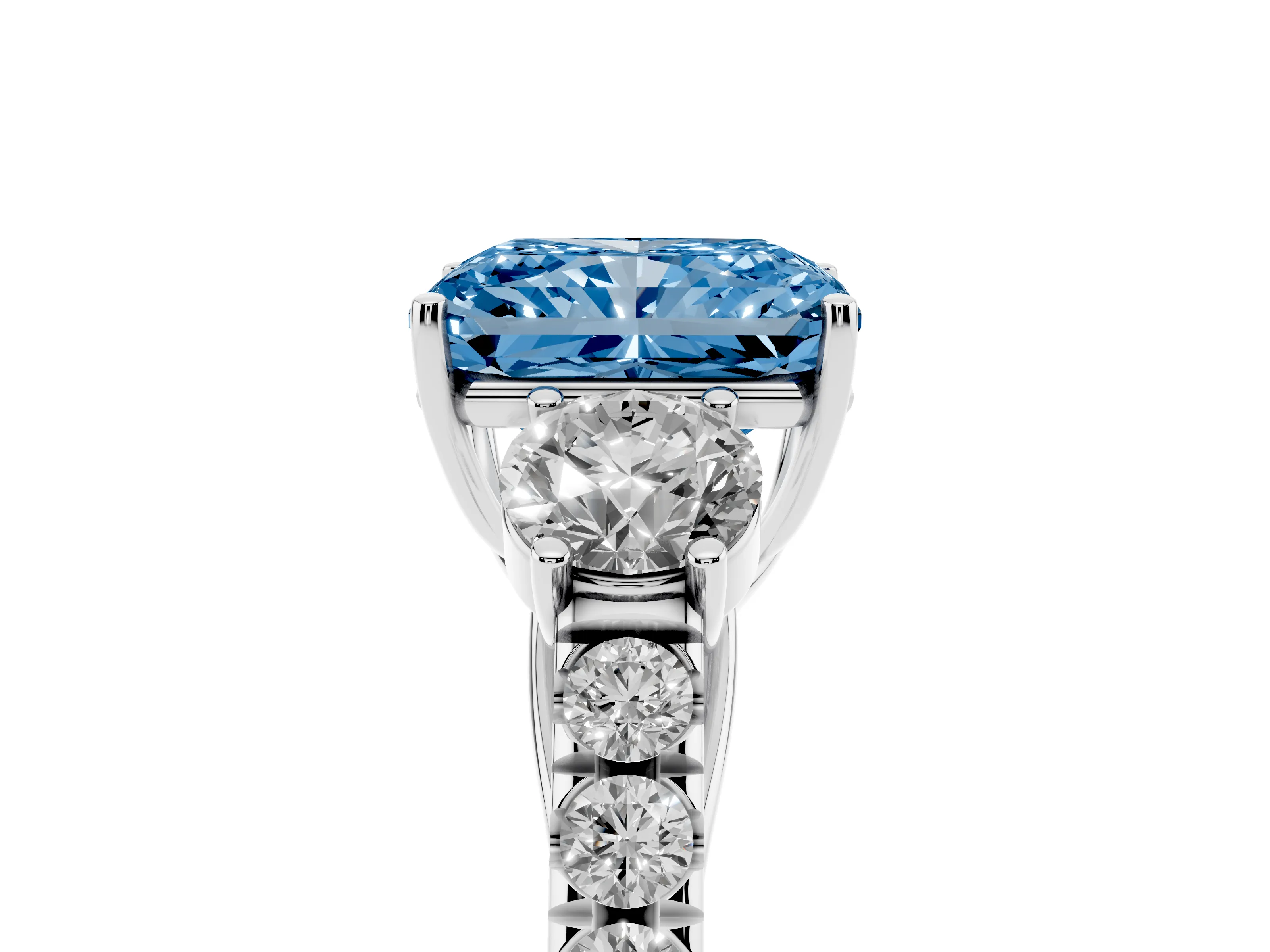 Fancy Blue Radiant Cut Diamond Three-Stone Ring Set in Silver with Round Side Stones and Delicate Pavé Band