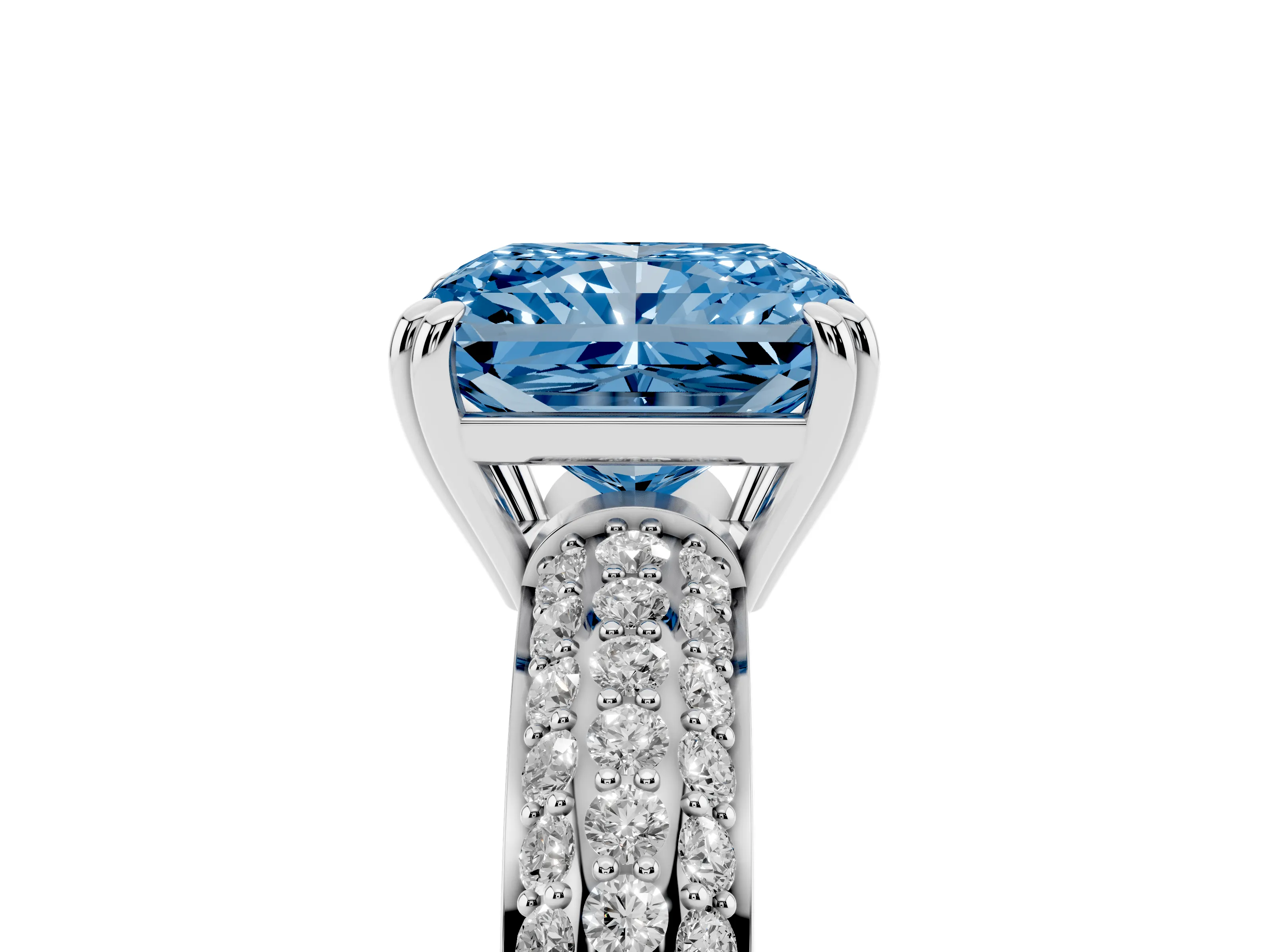 Fancy Blue Radiant Cut Diamond Solitaire Ring Set in Platinum with Multi-Row Round Pavé Band and Prong Setting