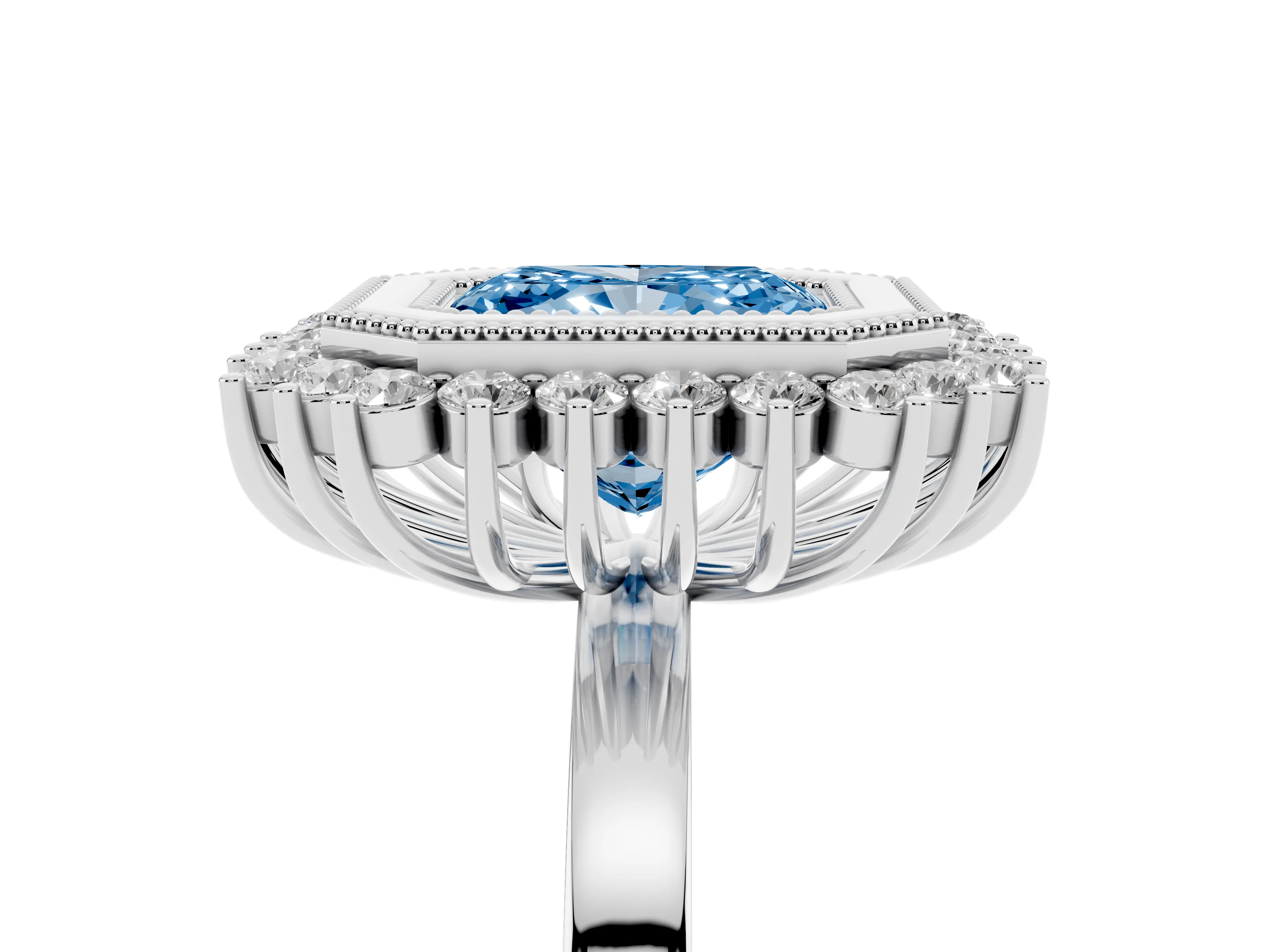 Fancy Blue Radiant Cut Diamond Halo Ring Set in Silver with Milgrain Edge and Round Prong Setting