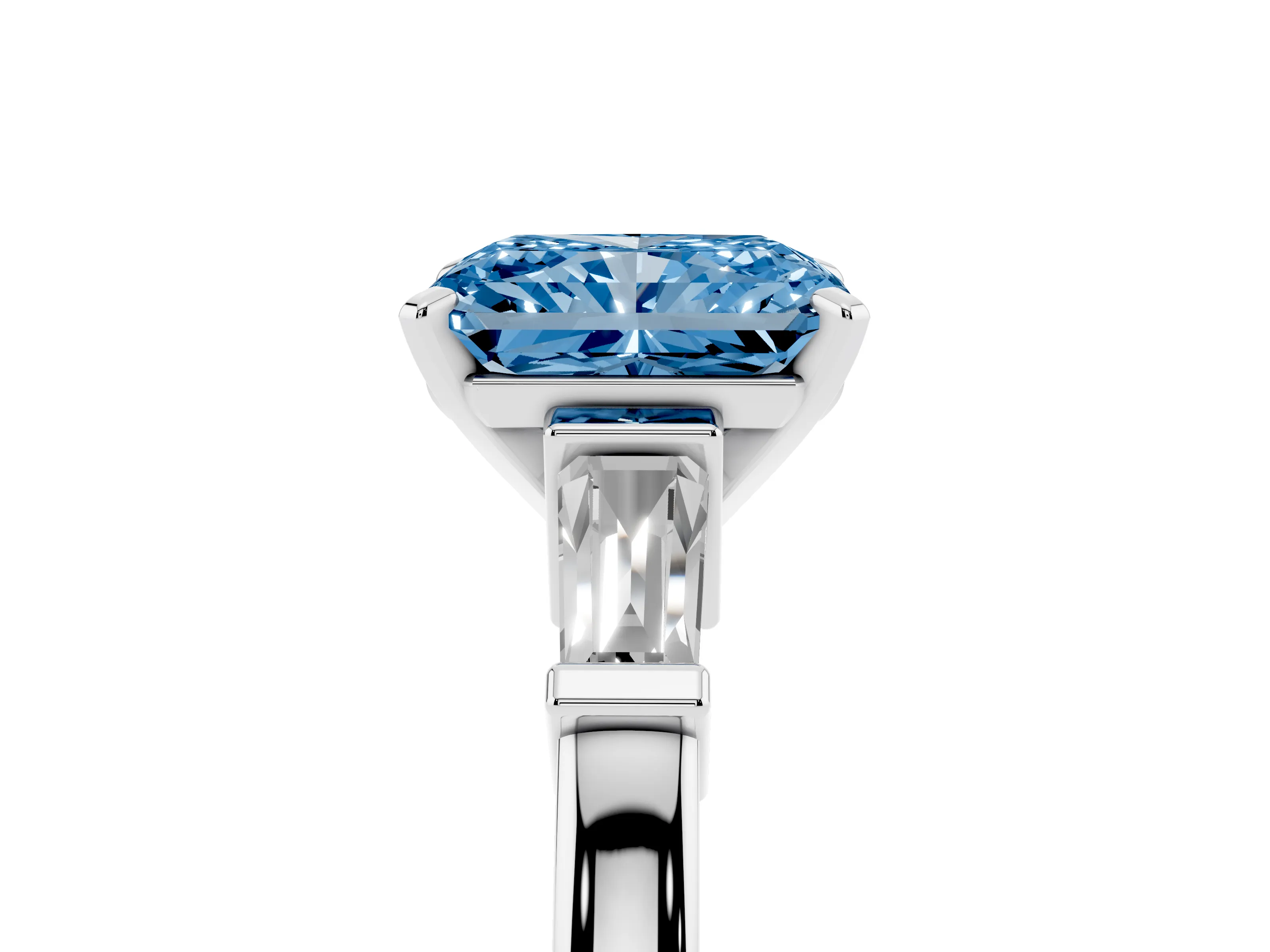 Fancy Blue Radiant Cut Diamond Solitaire Ring Set in White gold with Tapered Baguette Accents and Prong Setting