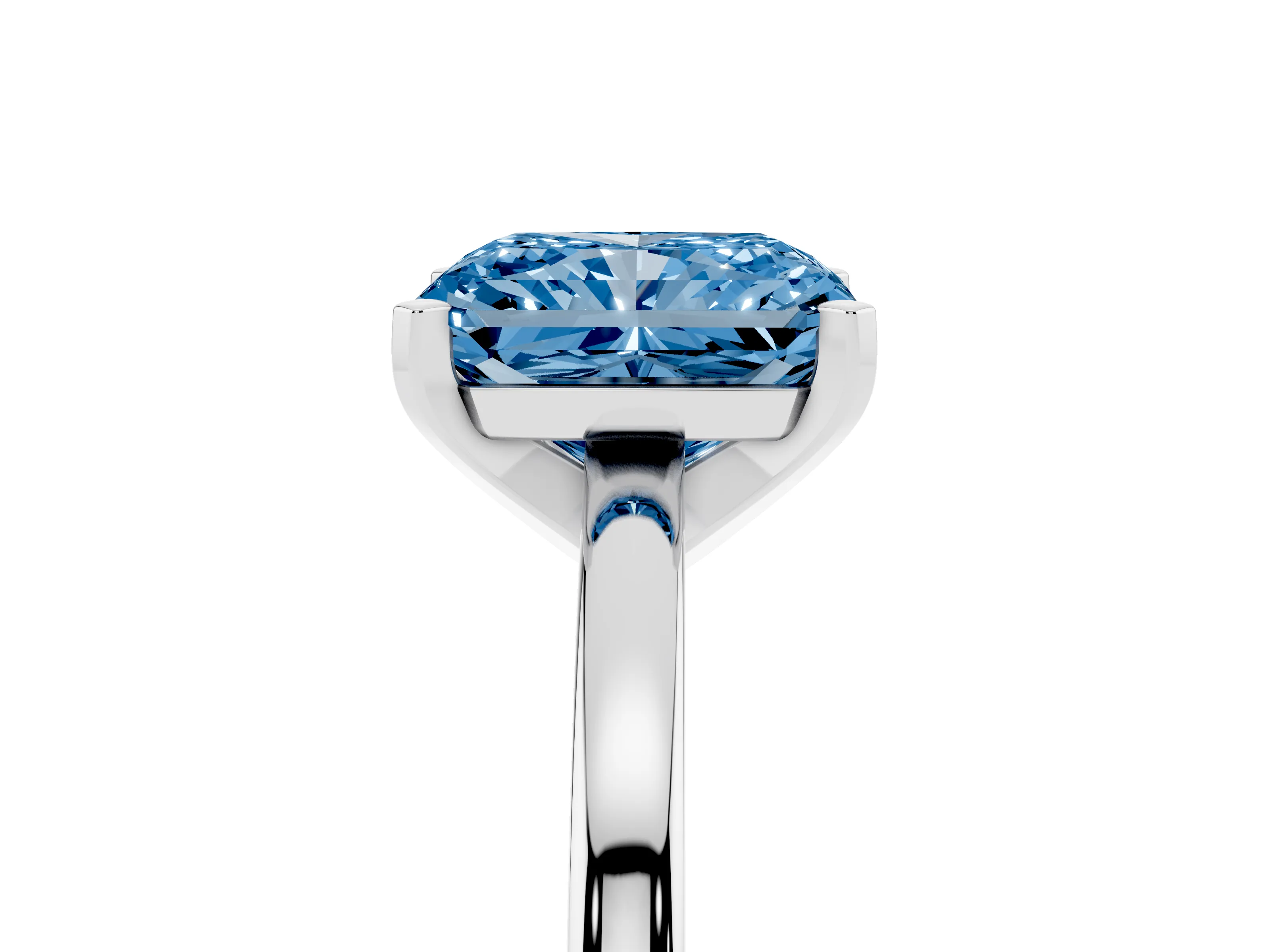 Fancy Blue Radiant Cut Diamond Solitaire Engagement Ring Set in Platinum with Prong Setting on a Classic Band