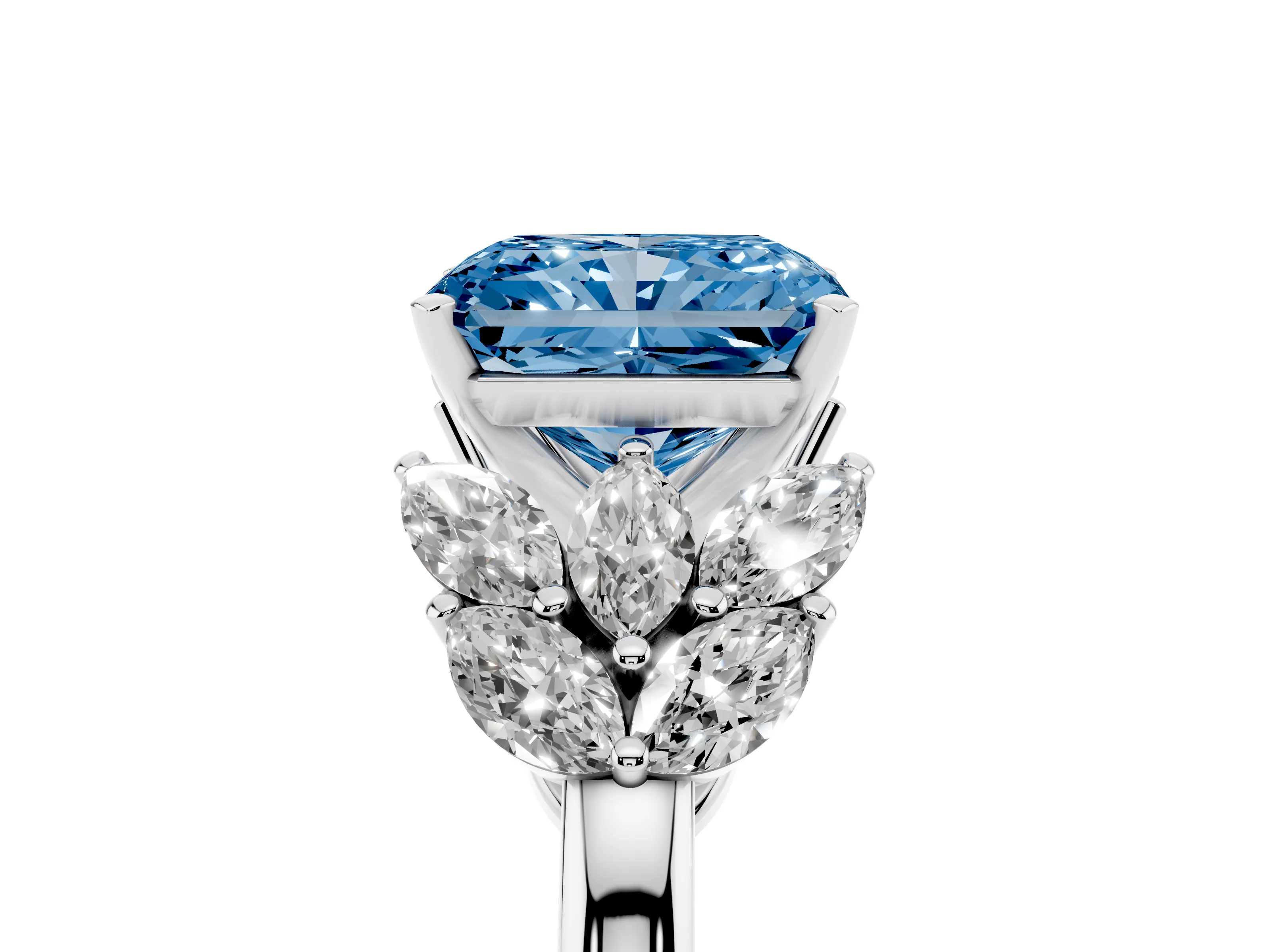 Fancy Blue Radiant Cut Diamond Cluster Leaf Design Ring Set in White gold with Prong Setting