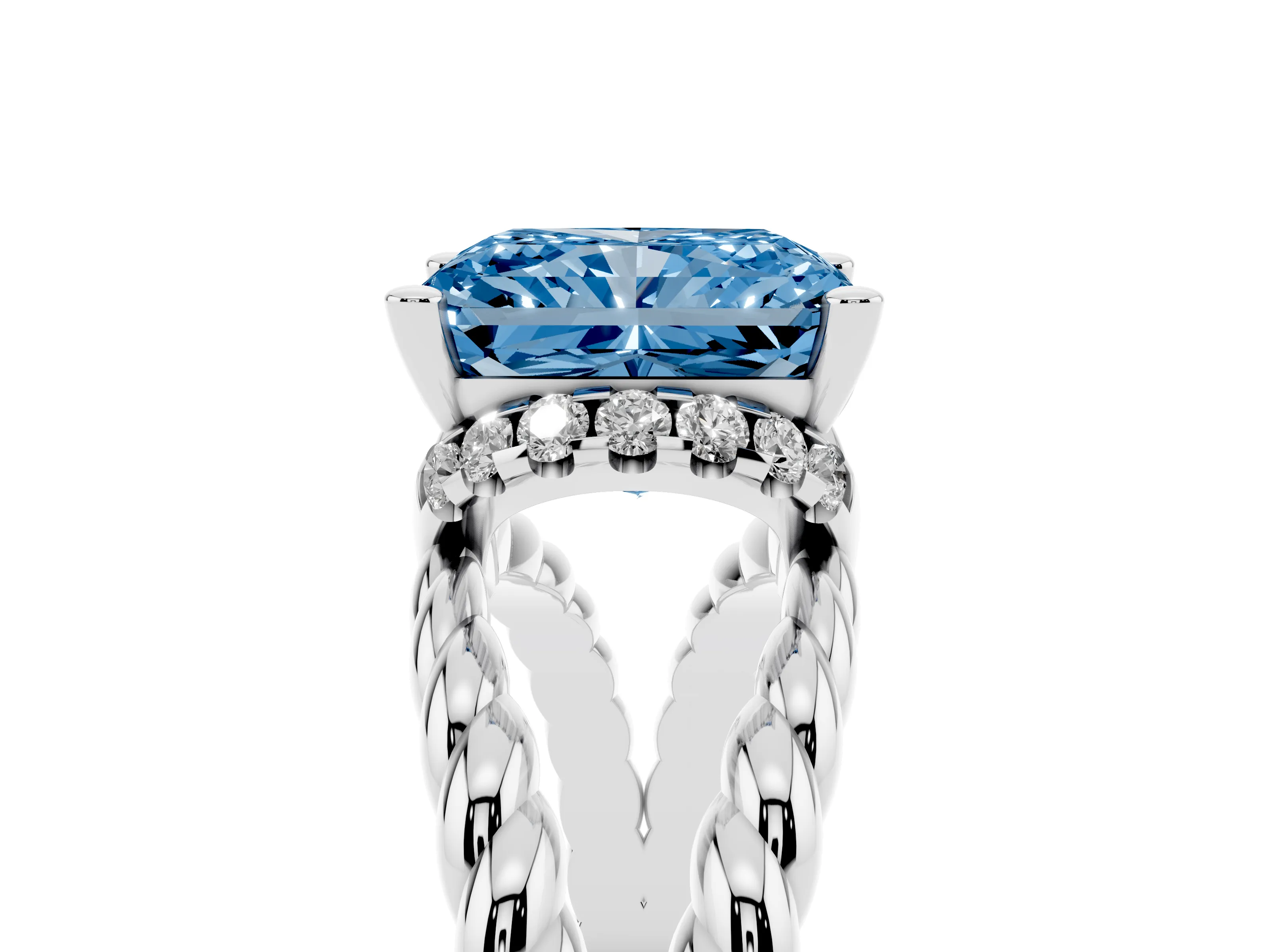 Fancy Blue Radiant Cut Diamond Halo Ring Set in White gold with Twisted Band and Prong Setting
