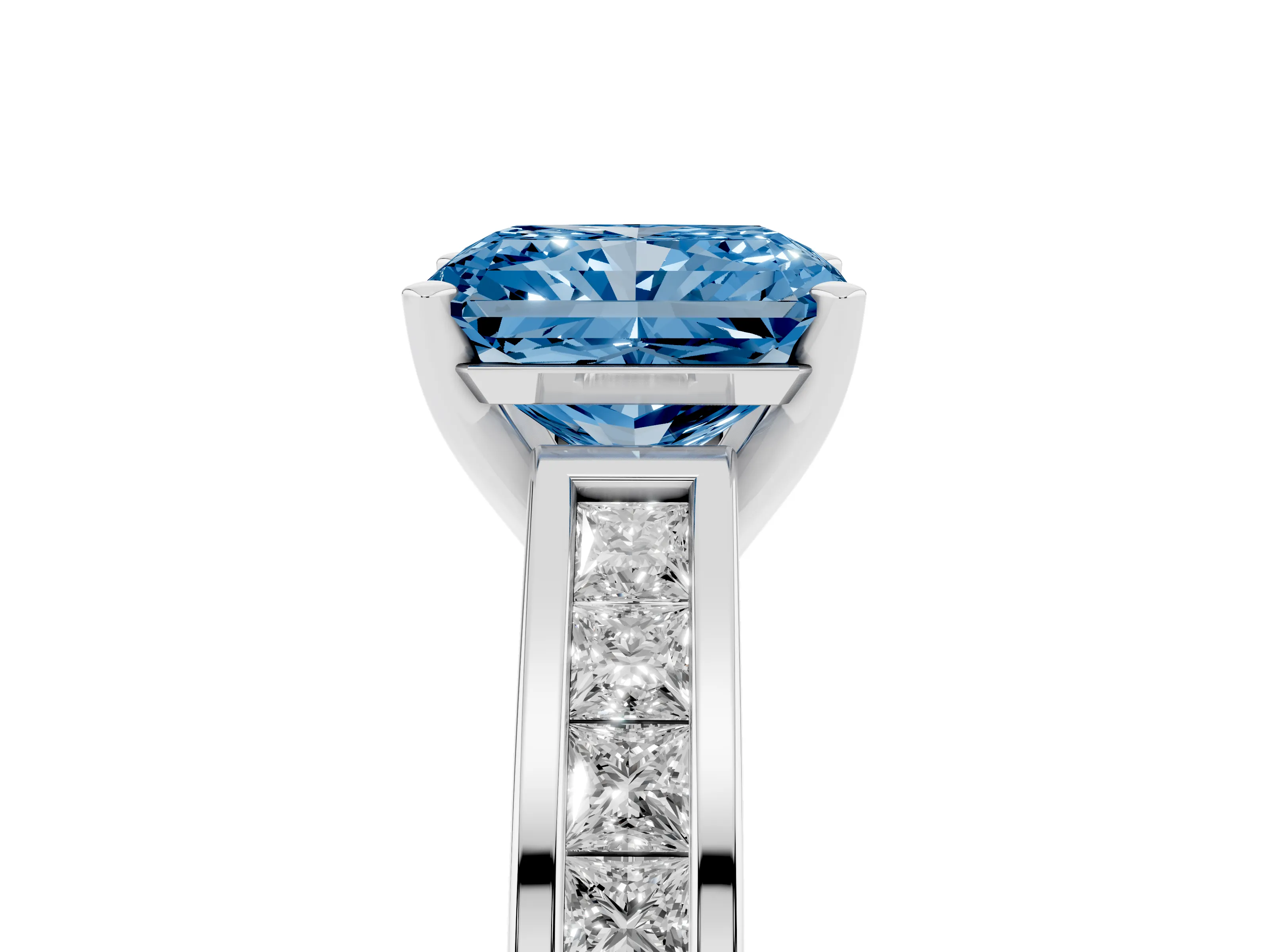 Fancy Blue Radiant Cut Diamond Solitaire Ring Set in Silver with Channel-Set Band and Prong Setting