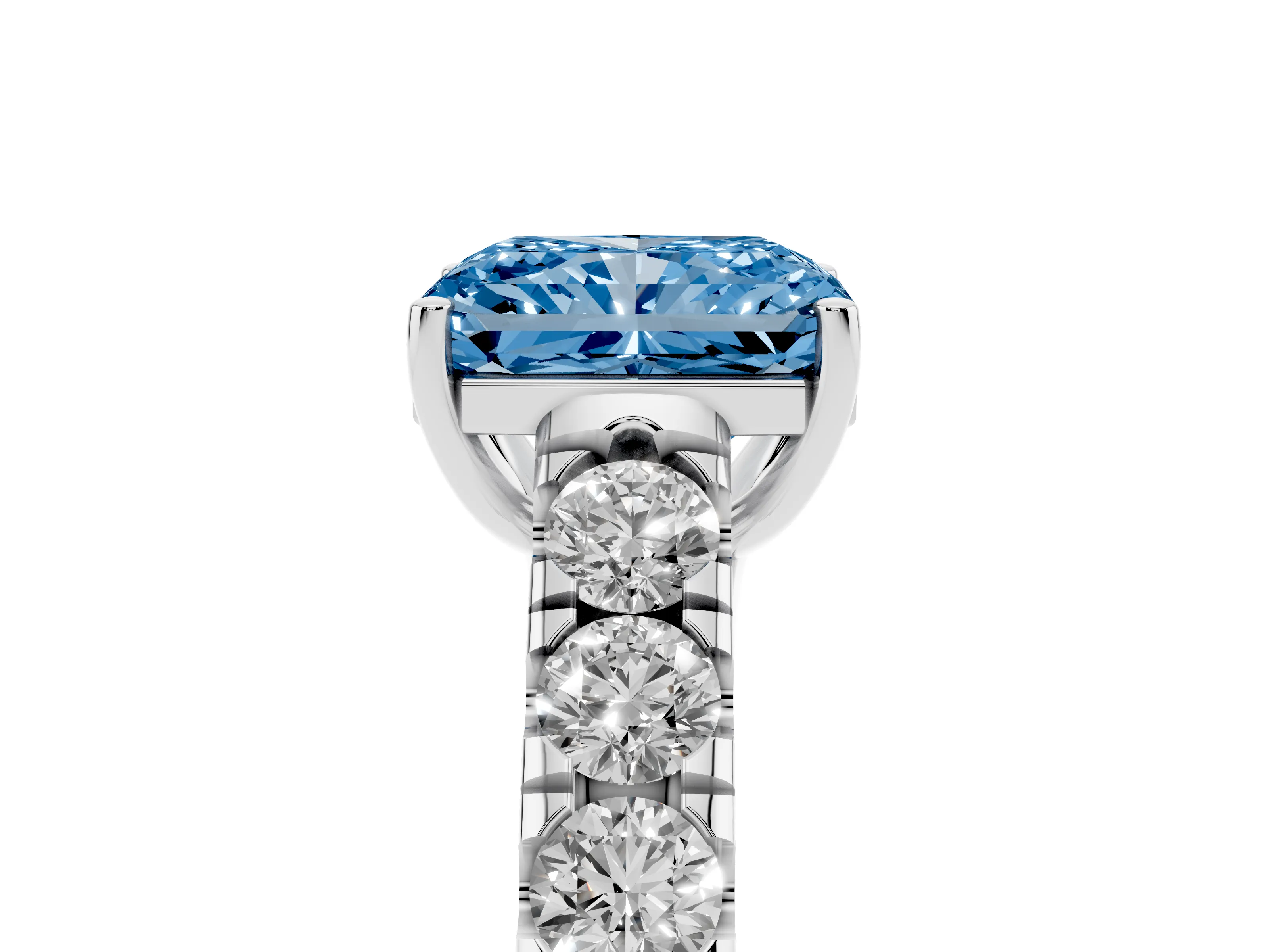 Fancy Blue Radiant Cut Diamond Solitaire Ring Set in Platinum with Cut-Down Micro Pavé Band and Prong Setting